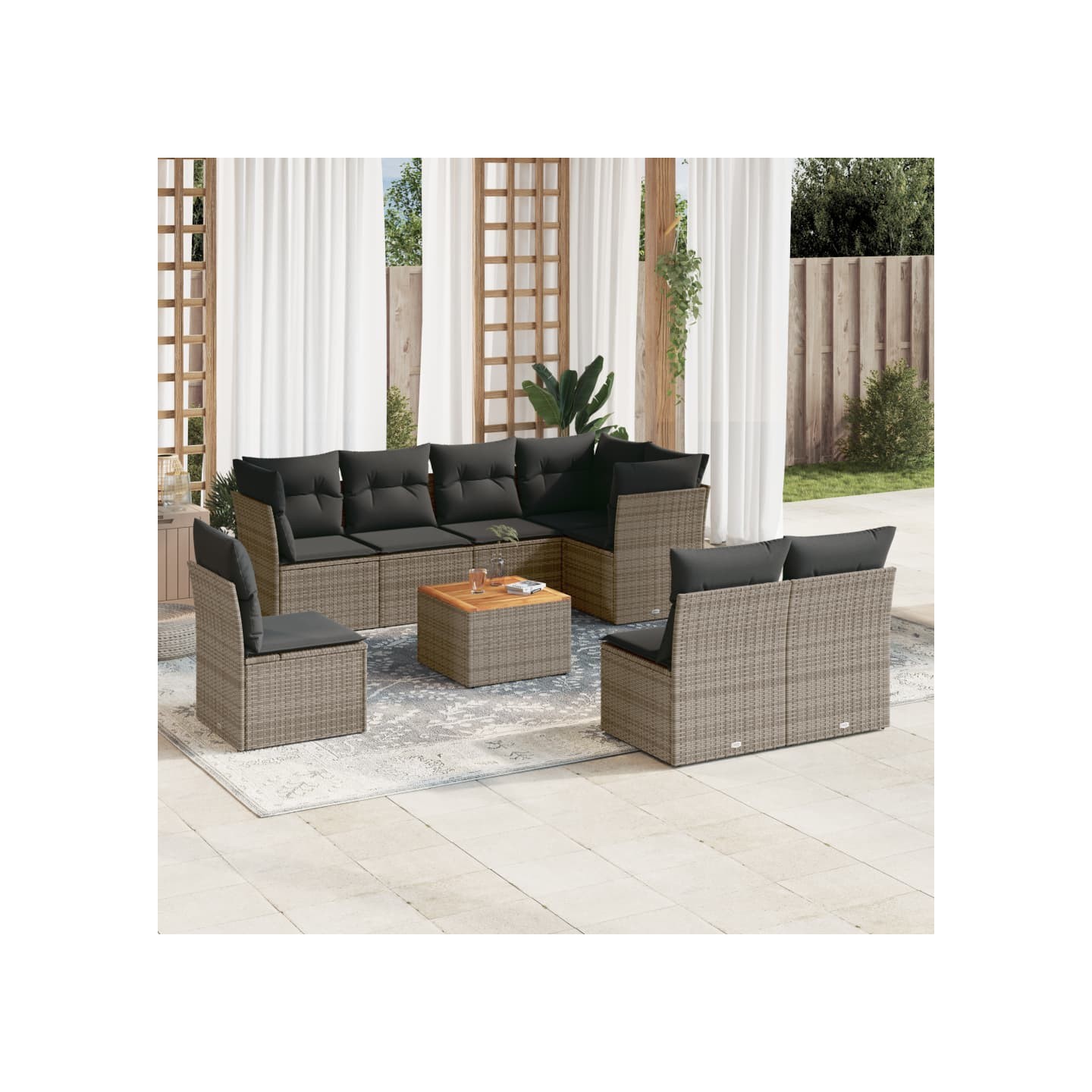 Salon de jardin 9 pcs avec coussins gris résine tressée