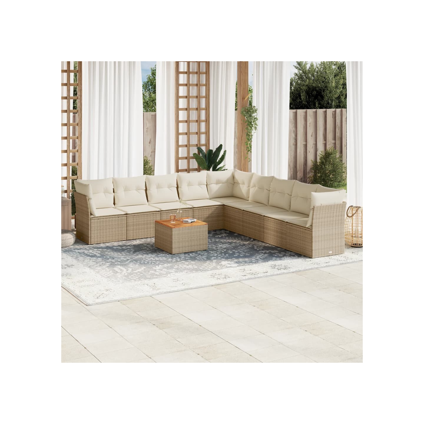 Salon de jardin avec coussins 10 pcs beige résine tressée
