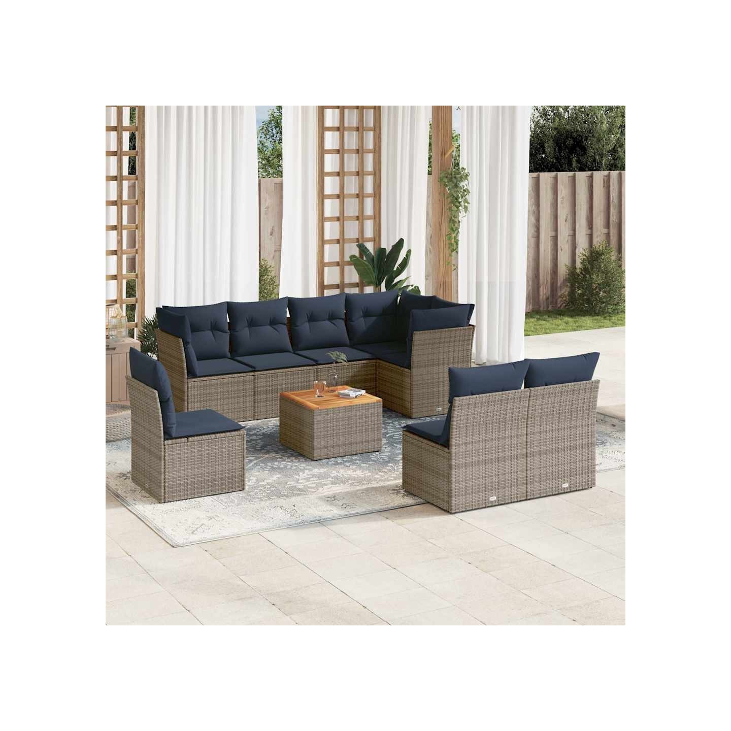 Salon de jardin 9 pcs avec coussins gris résine tressée