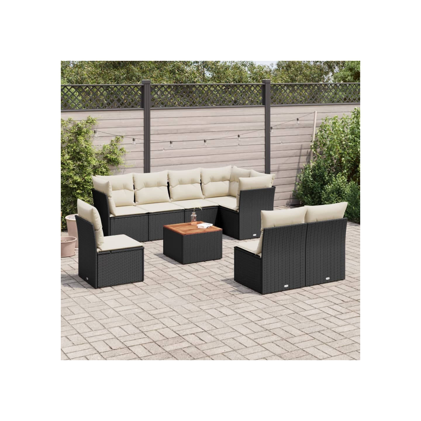 Salon de jardin 9 pcs avec coussins noir résine tressée