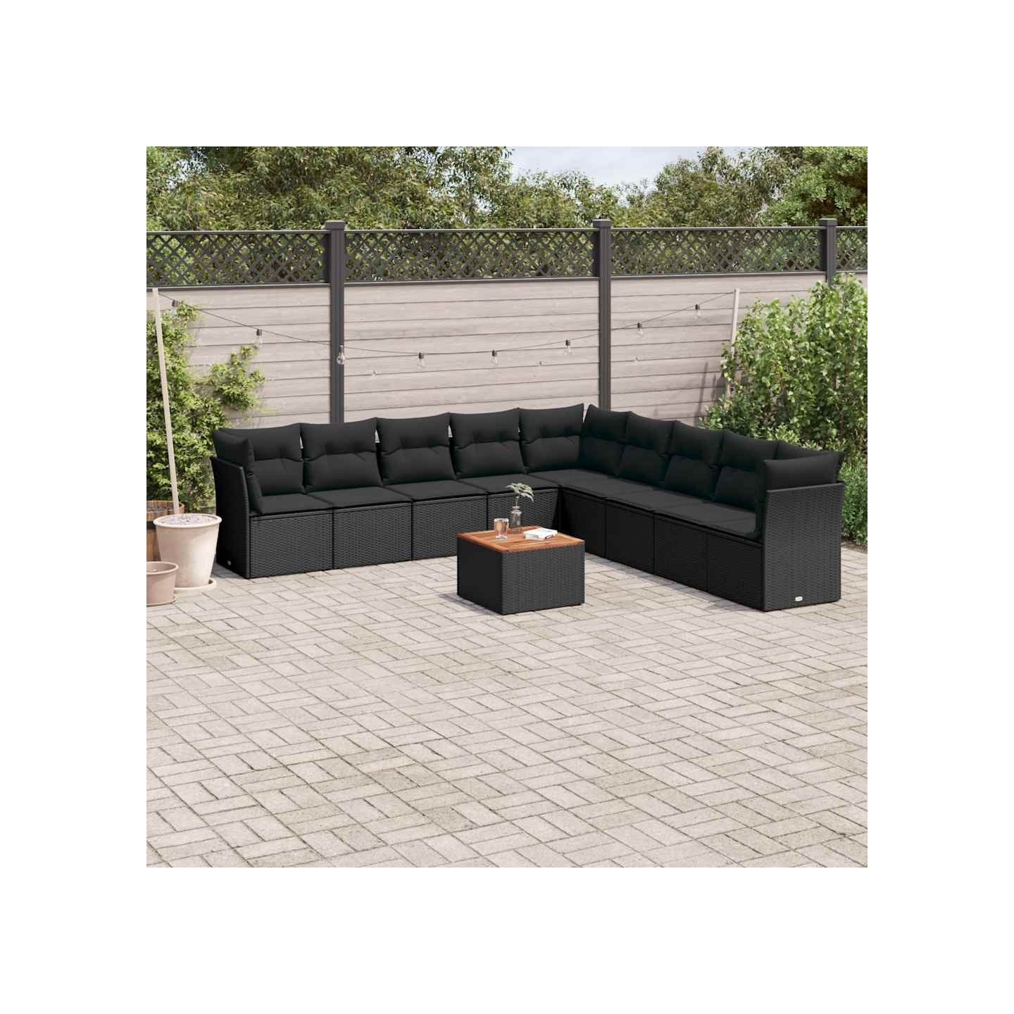 Salon de jardin 10 pcs avec coussins noir résine tressée
