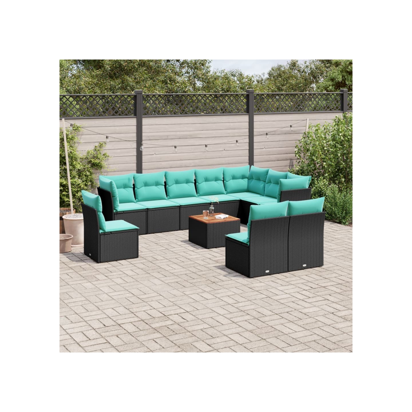Salon de jardin 11 pcs avec coussins noir résine tressée