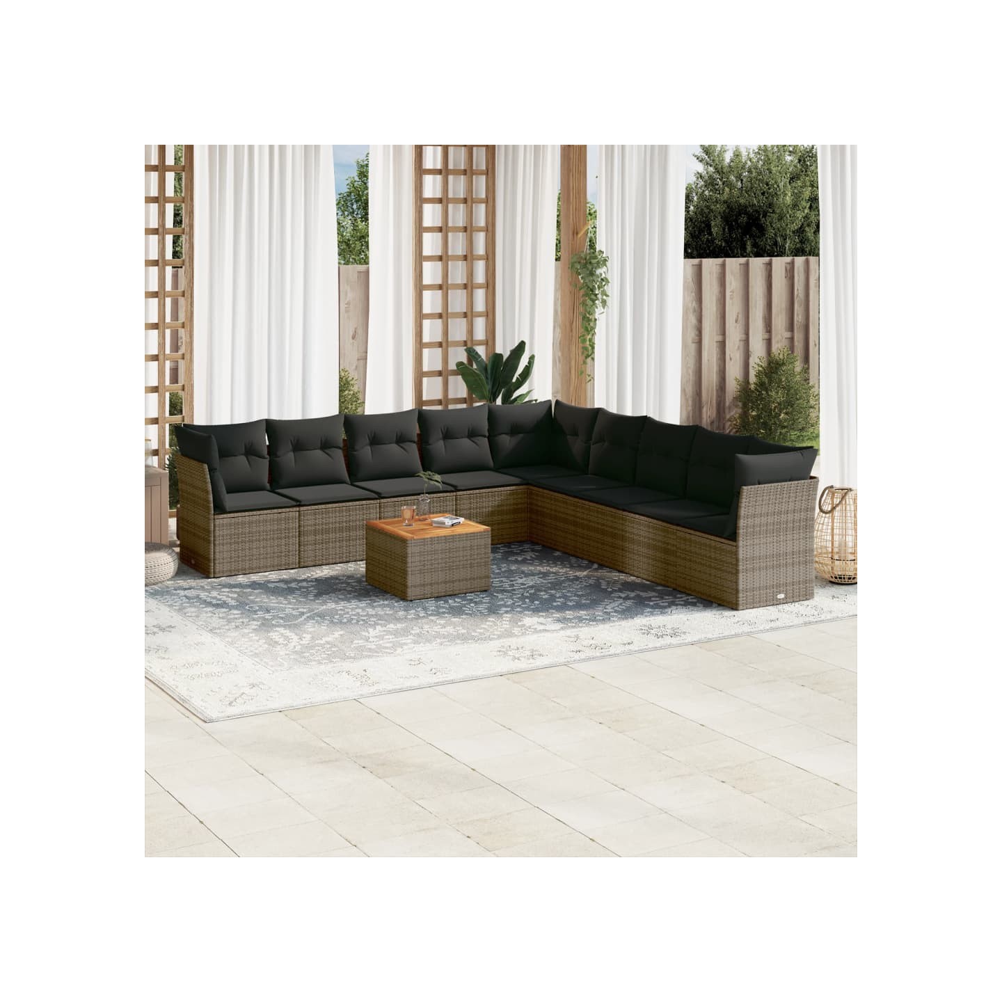 Salon de jardin avec coussins 10 pcs gris résine tressée
