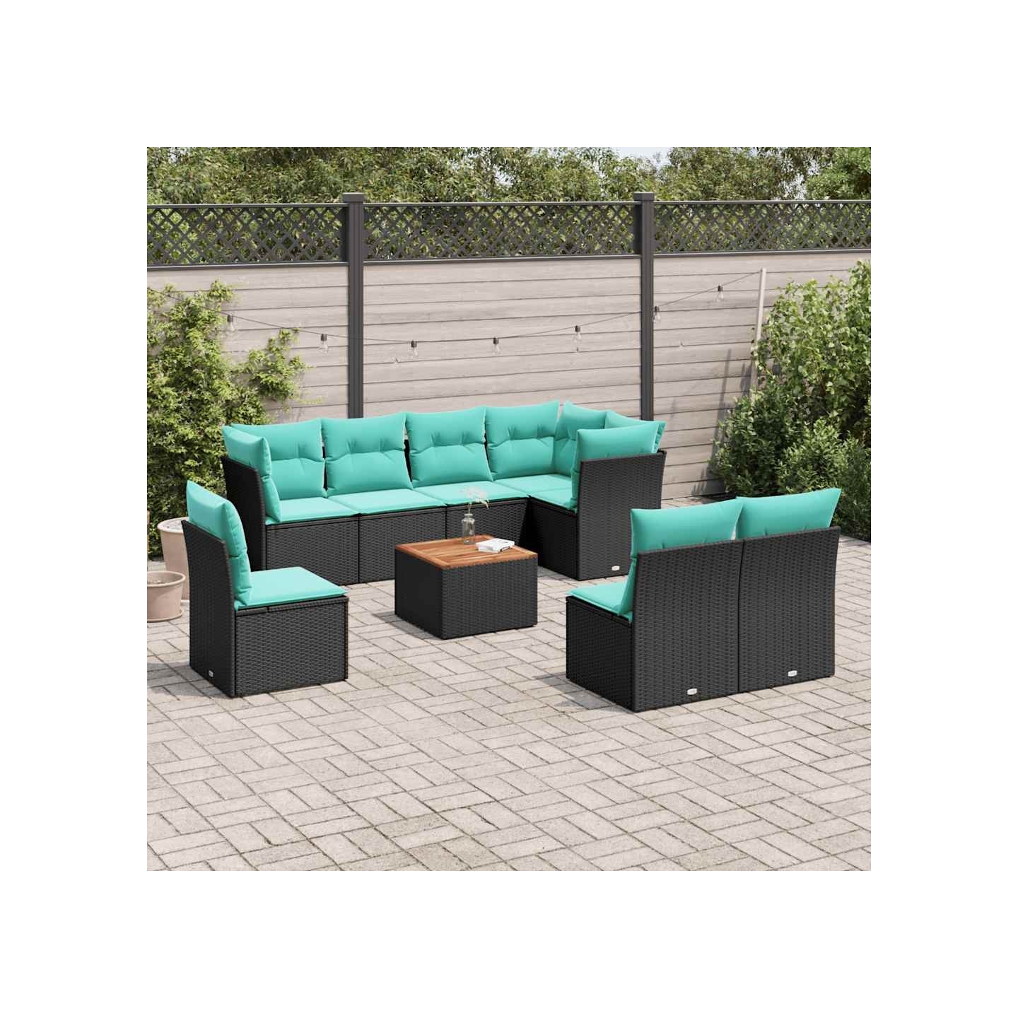 Salon de jardin 9 pcs avec coussins noir résine tressée