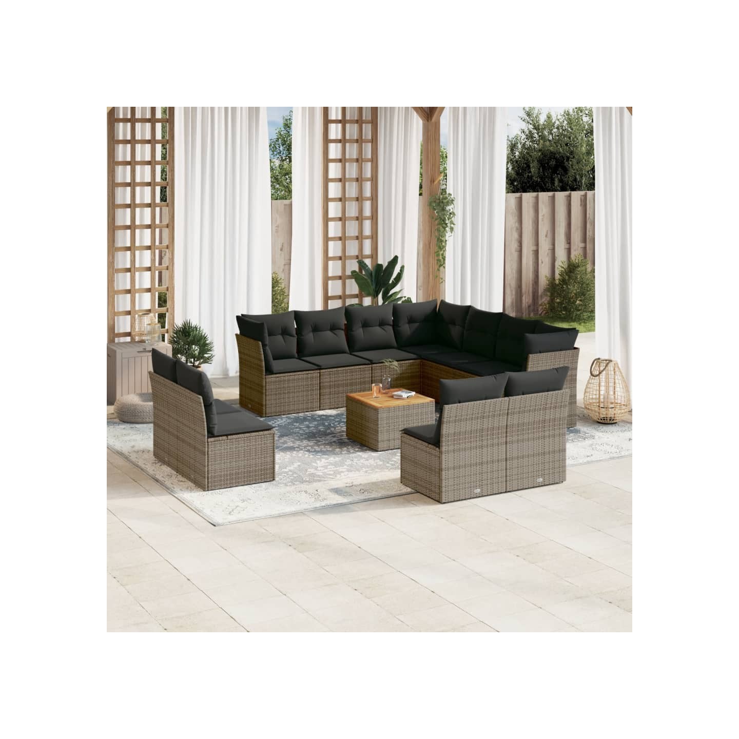 Salon de jardin avec coussins 12 pcs gris résine tressée