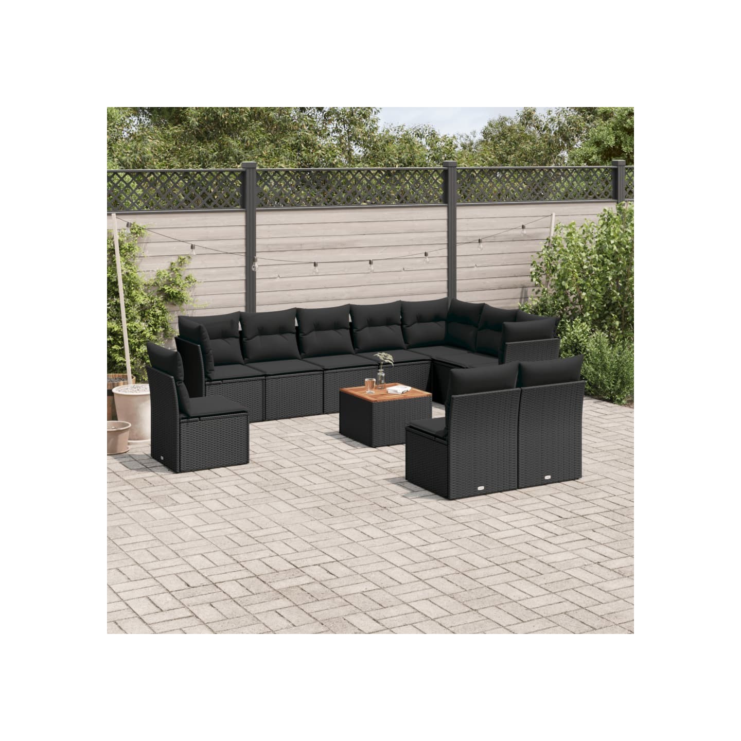 Salon de jardin 11 pcs avec coussins noir résine tressée