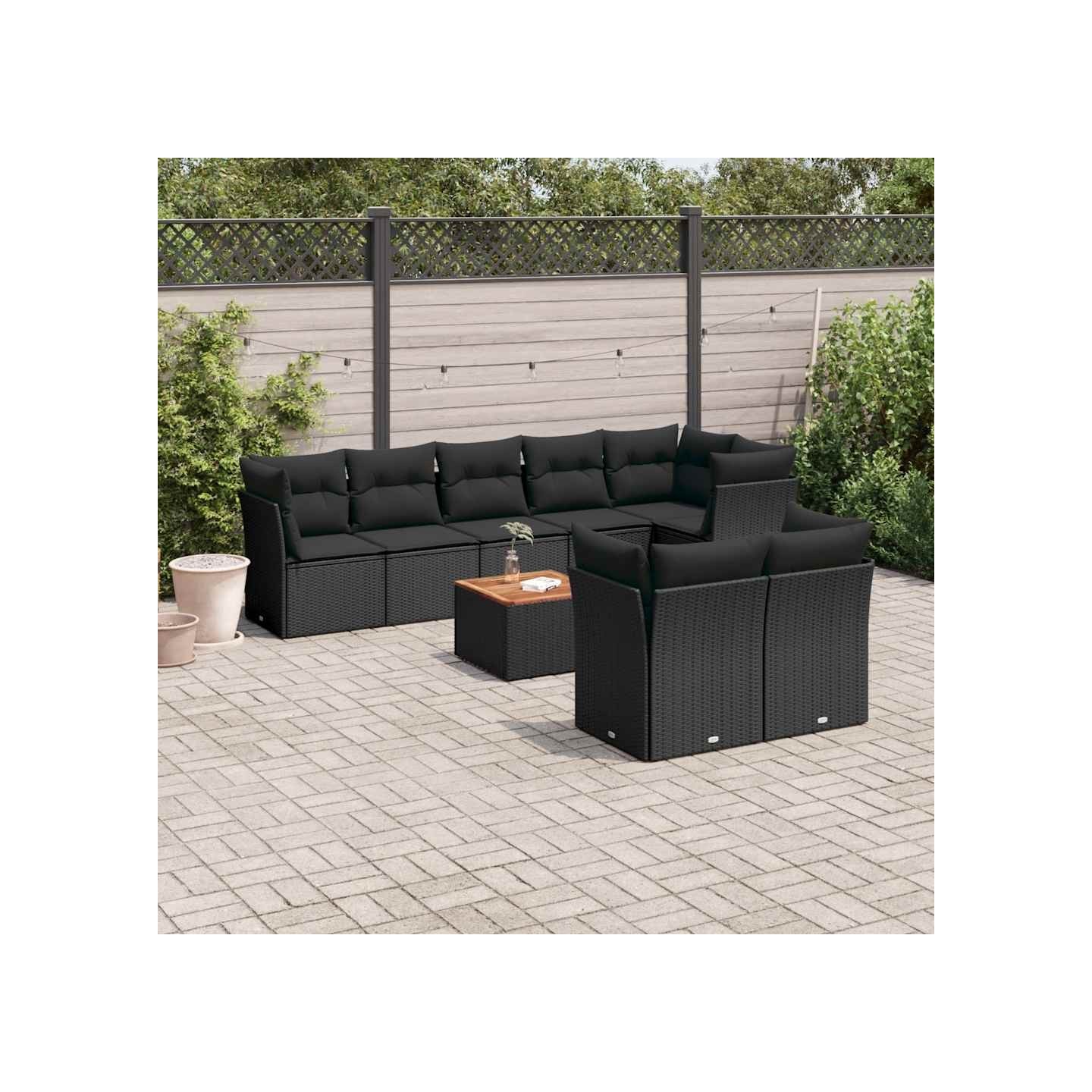 Salon de jardin 9 pcs avec coussins noir résine tressée