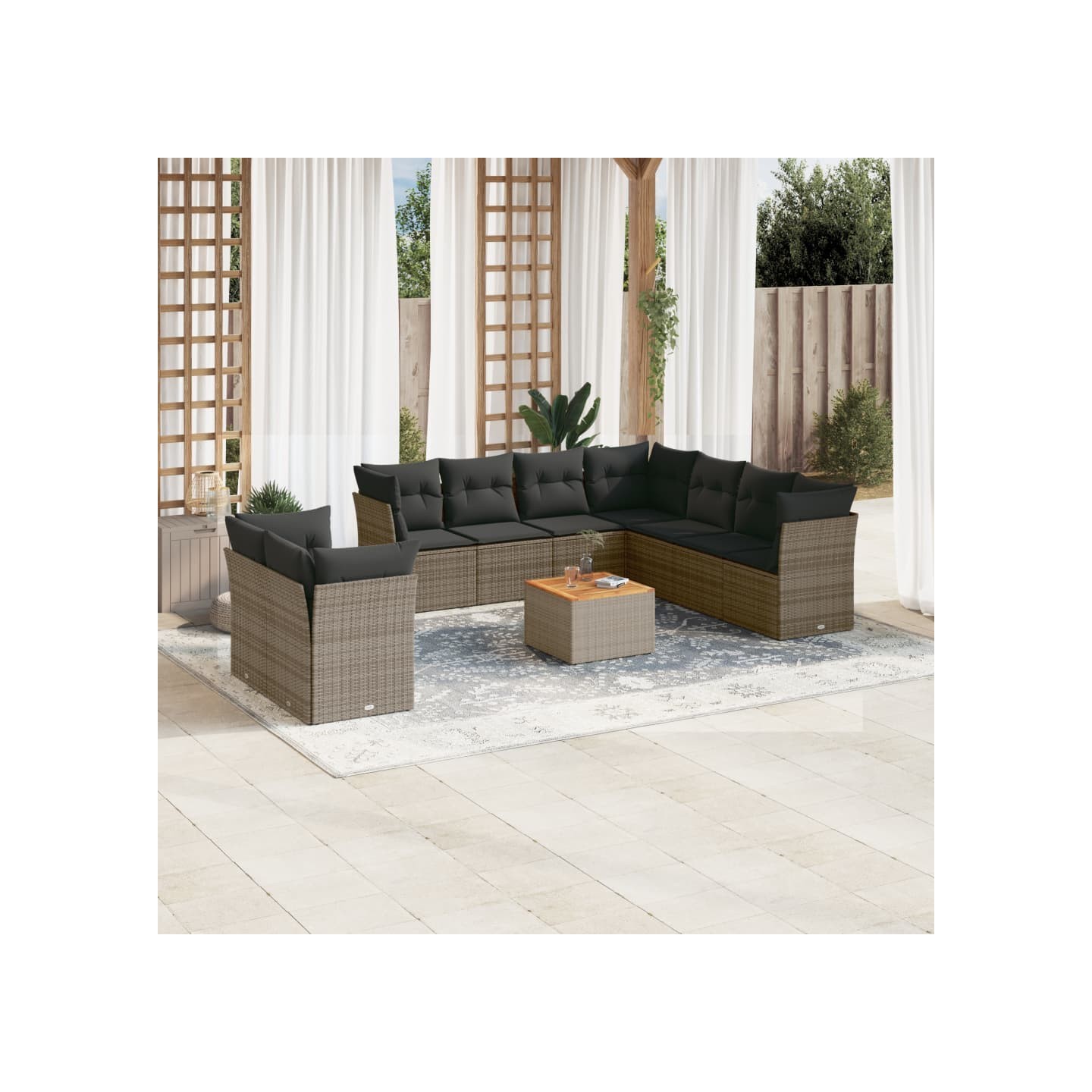 Salon de jardin avec coussins 10 pcs gris résine tressée
