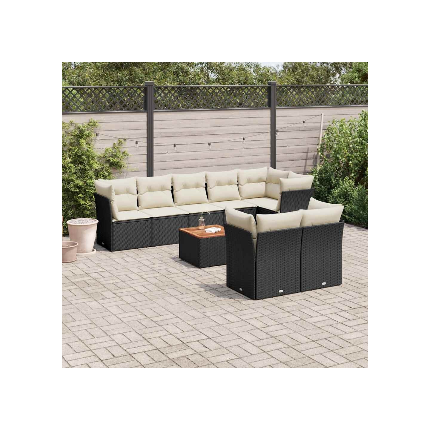 Salon de jardin 9 pcs avec coussins noir résine tressée