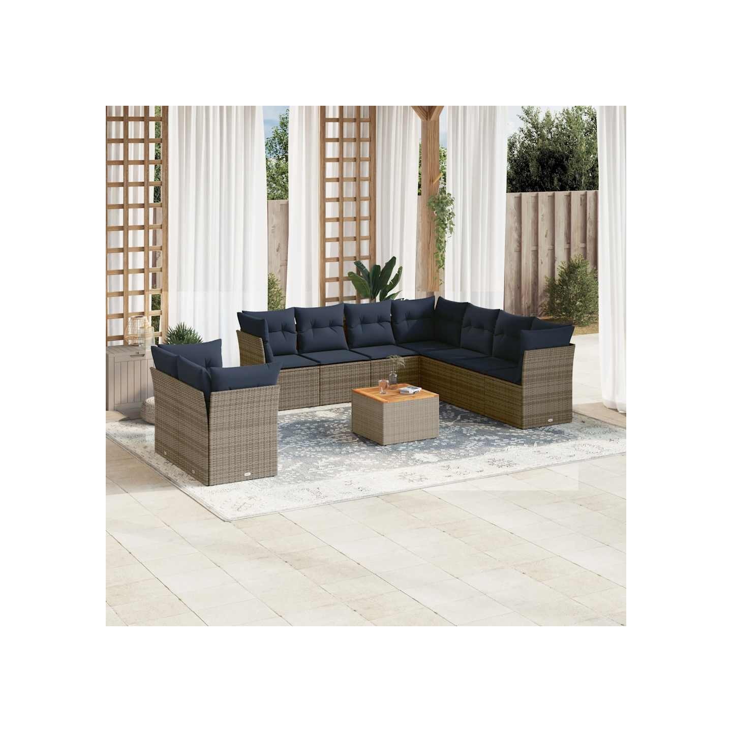 Salon de jardin 10 pcs avec coussins gris résine tressée
