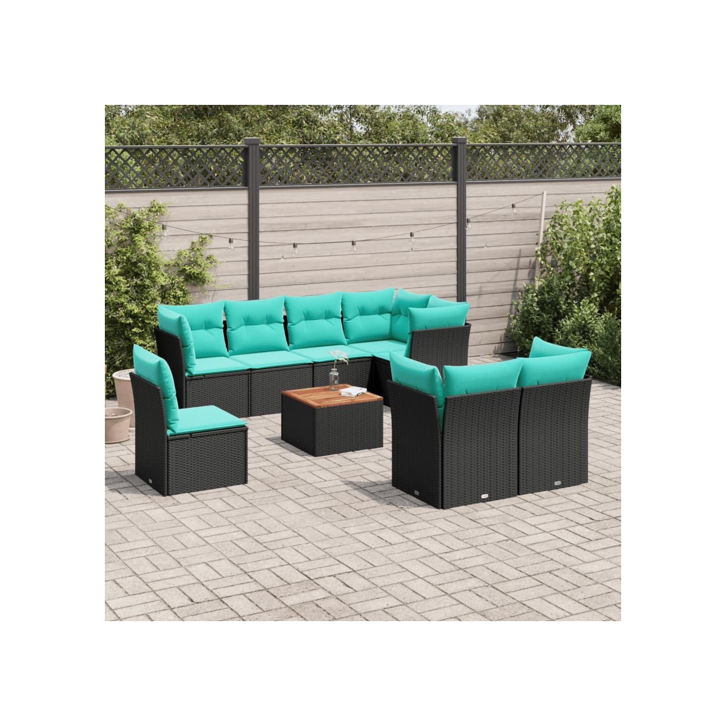 Salon de jardin 9 pcs avec coussins noir résine tressée