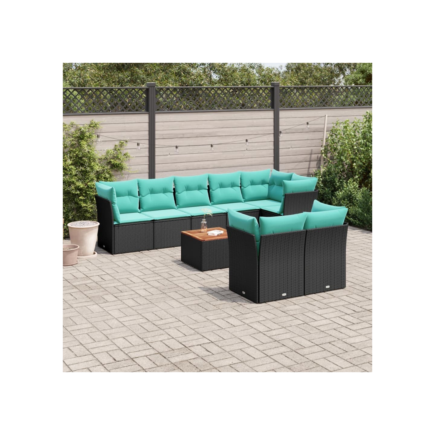 Salon de jardin 9 pcs avec coussins noir résine tressée