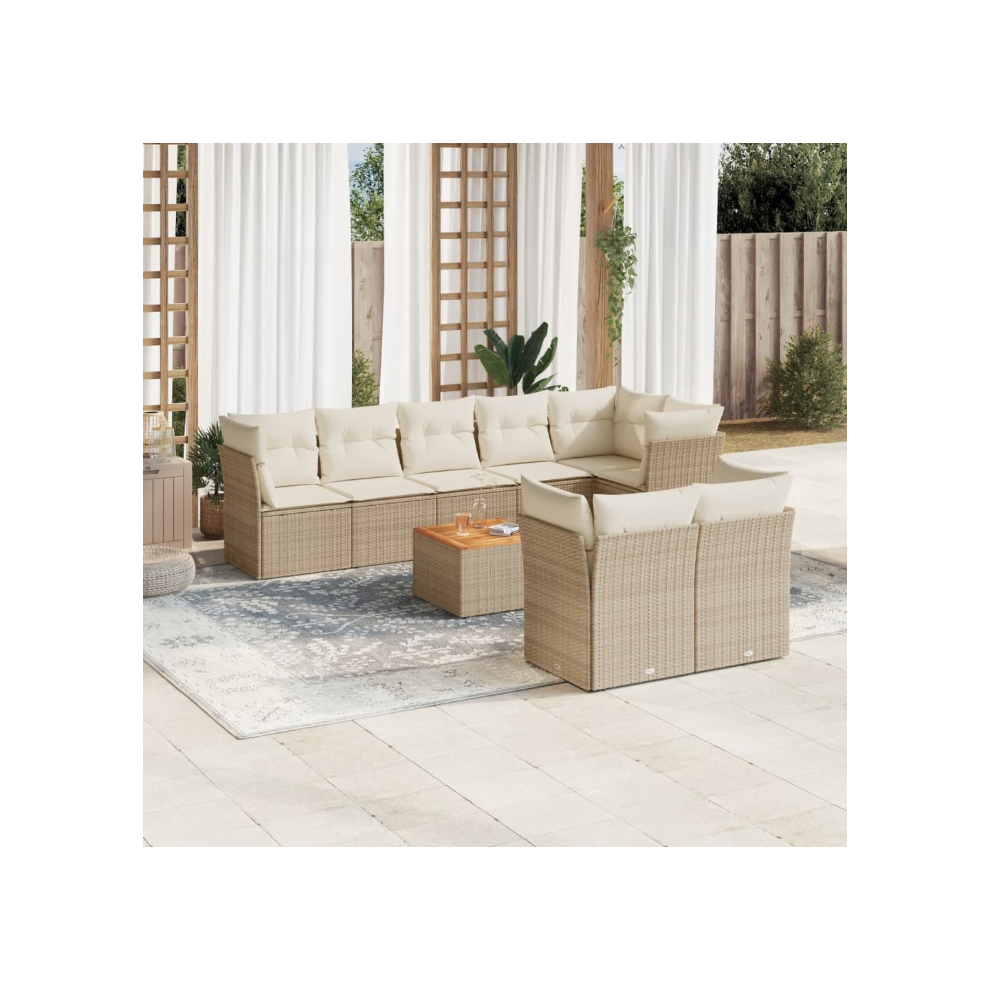 Salon de jardin avec coussins 9 pcs beige résine tressée