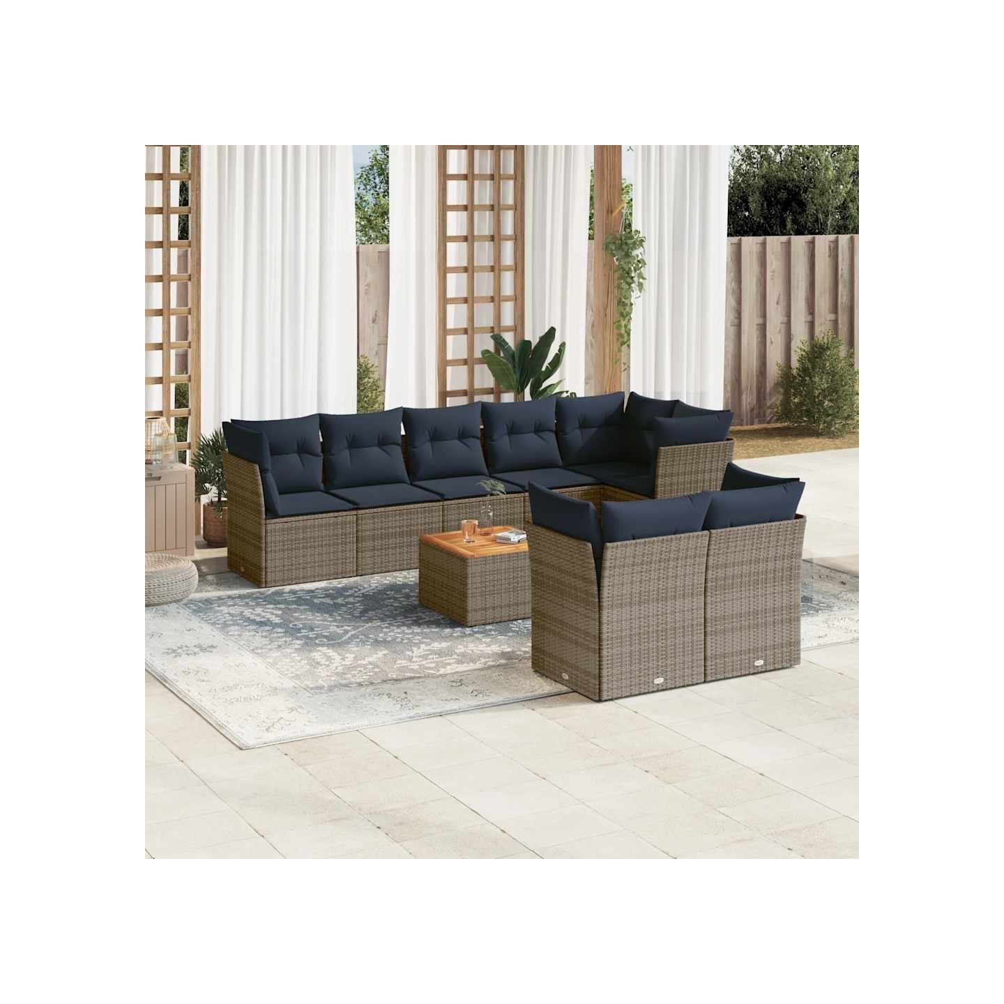 Salon de jardin 9 pcs avec coussins gris résine tressée
