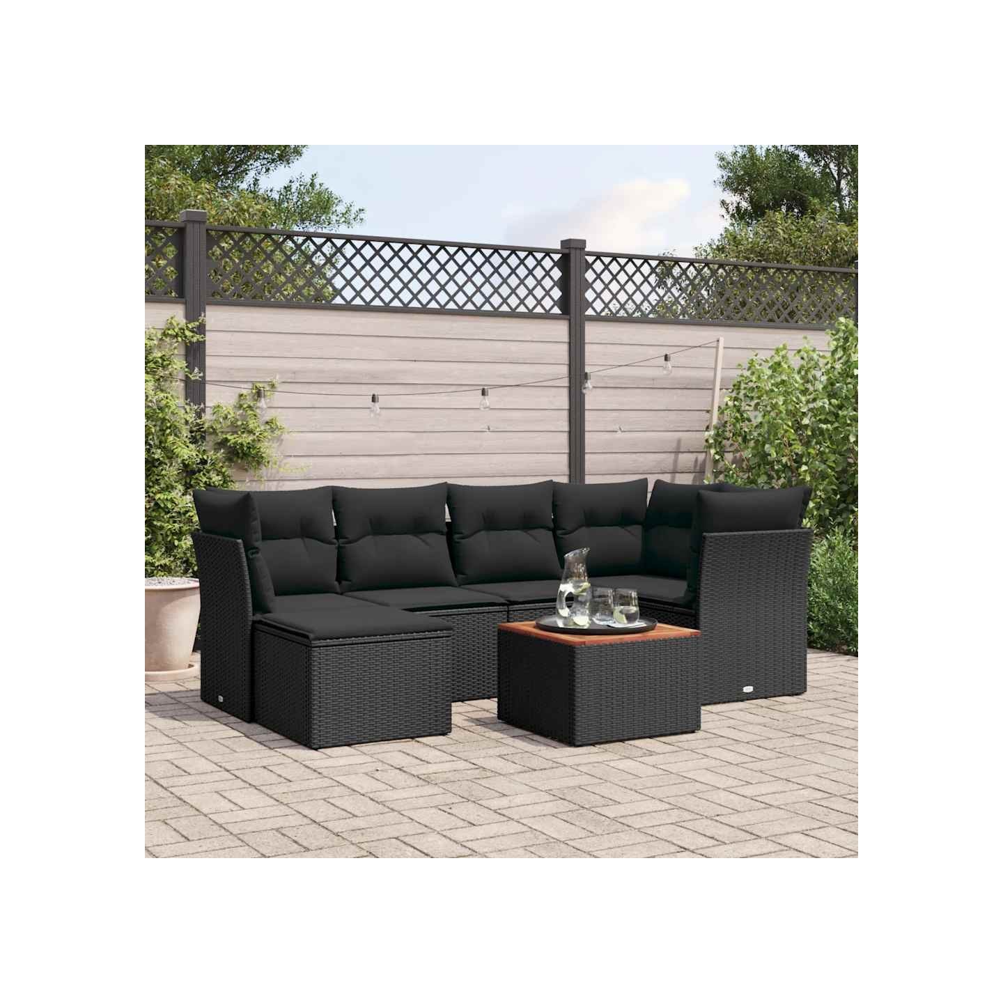 Salon de jardin 7 pcs avec coussins noir résine tressée