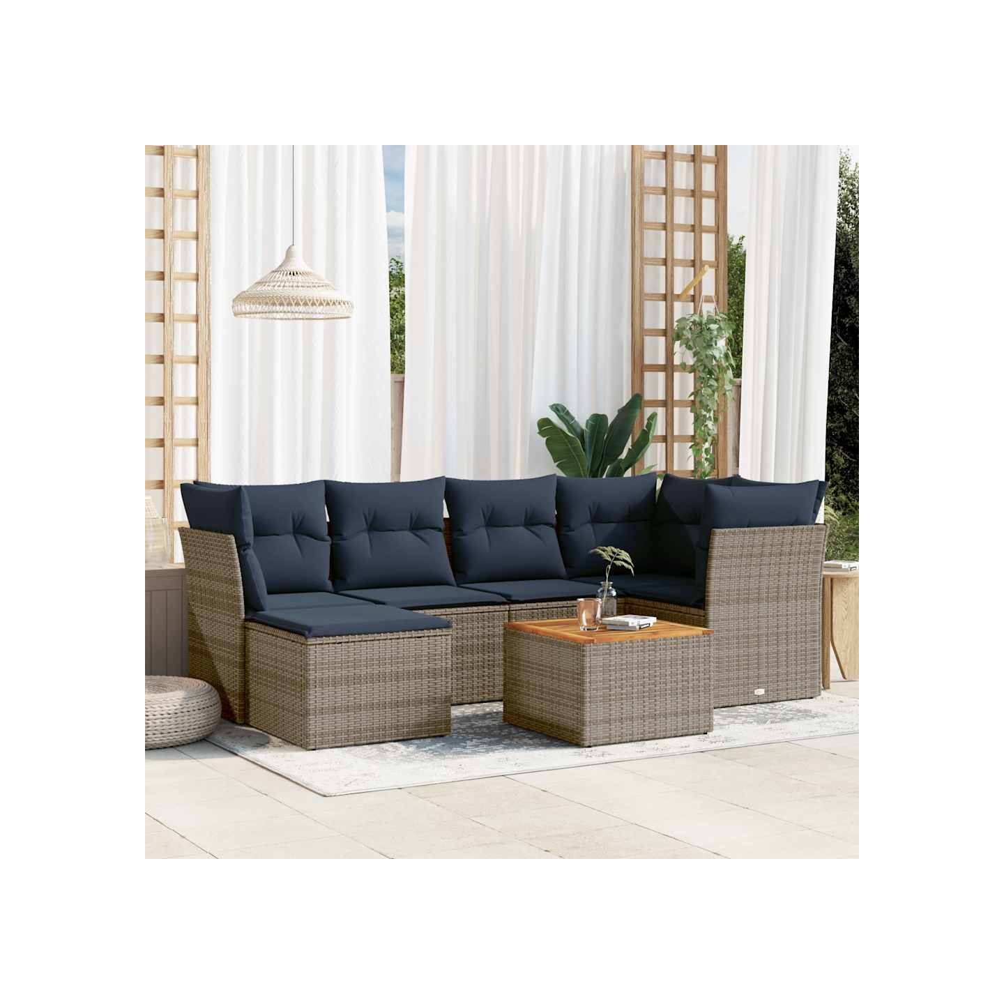 Ensemble de canapé de jardin 7 pcs avec coussins gris résine tressée