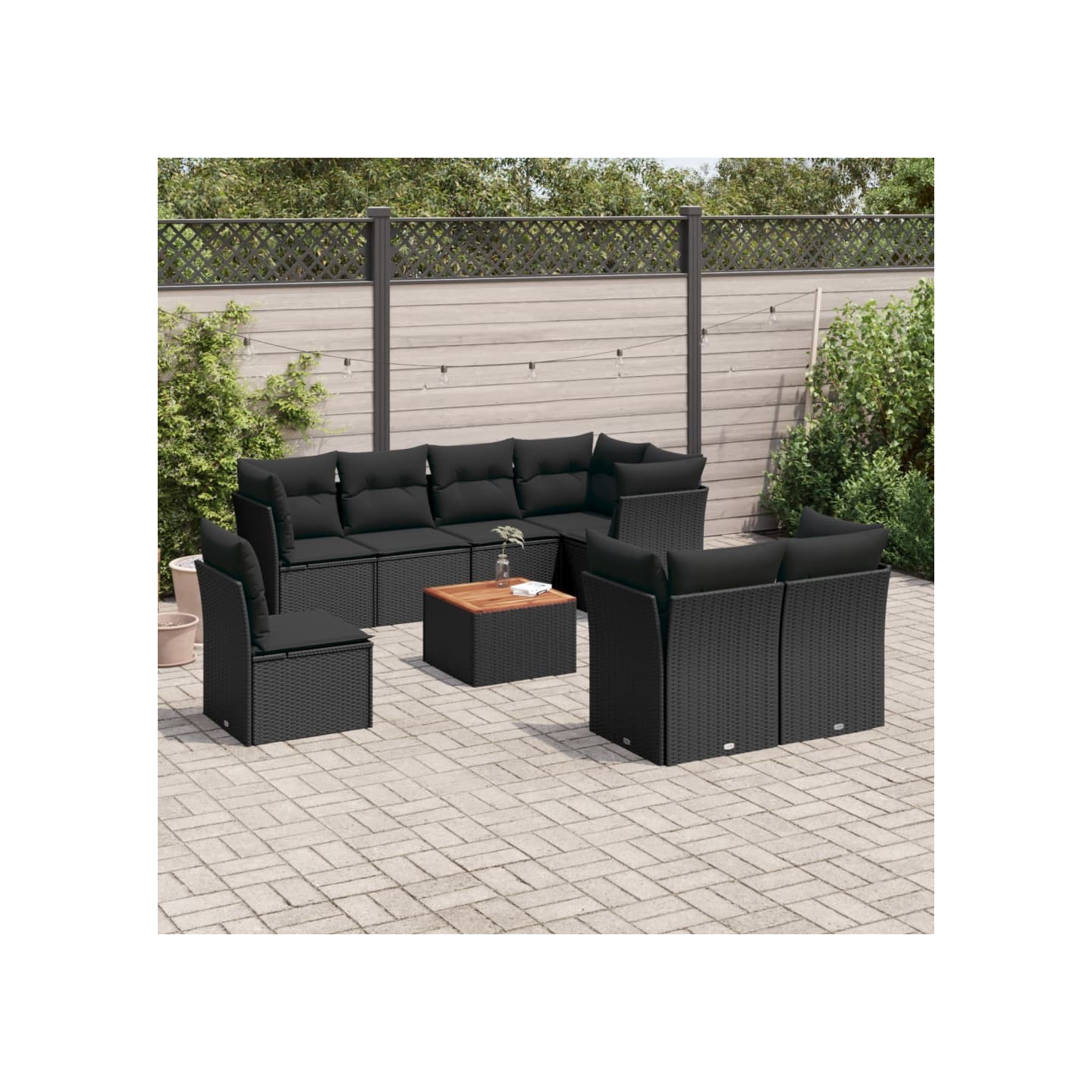 Salon de jardin 9 pcs avec coussins noir résine tressée