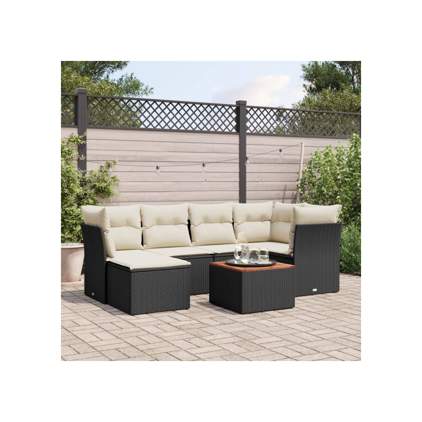Salon de jardin 7 pcs avec coussins noir résine tressée