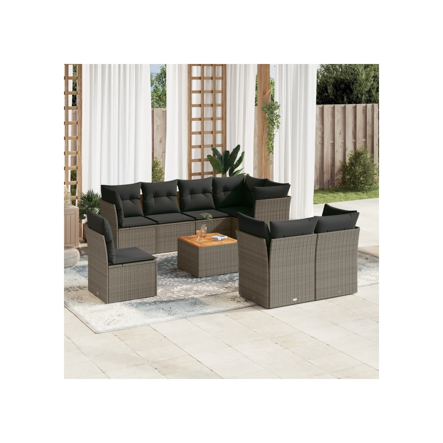 Salon de jardin 9 pcs avec coussins gris résine tressée
