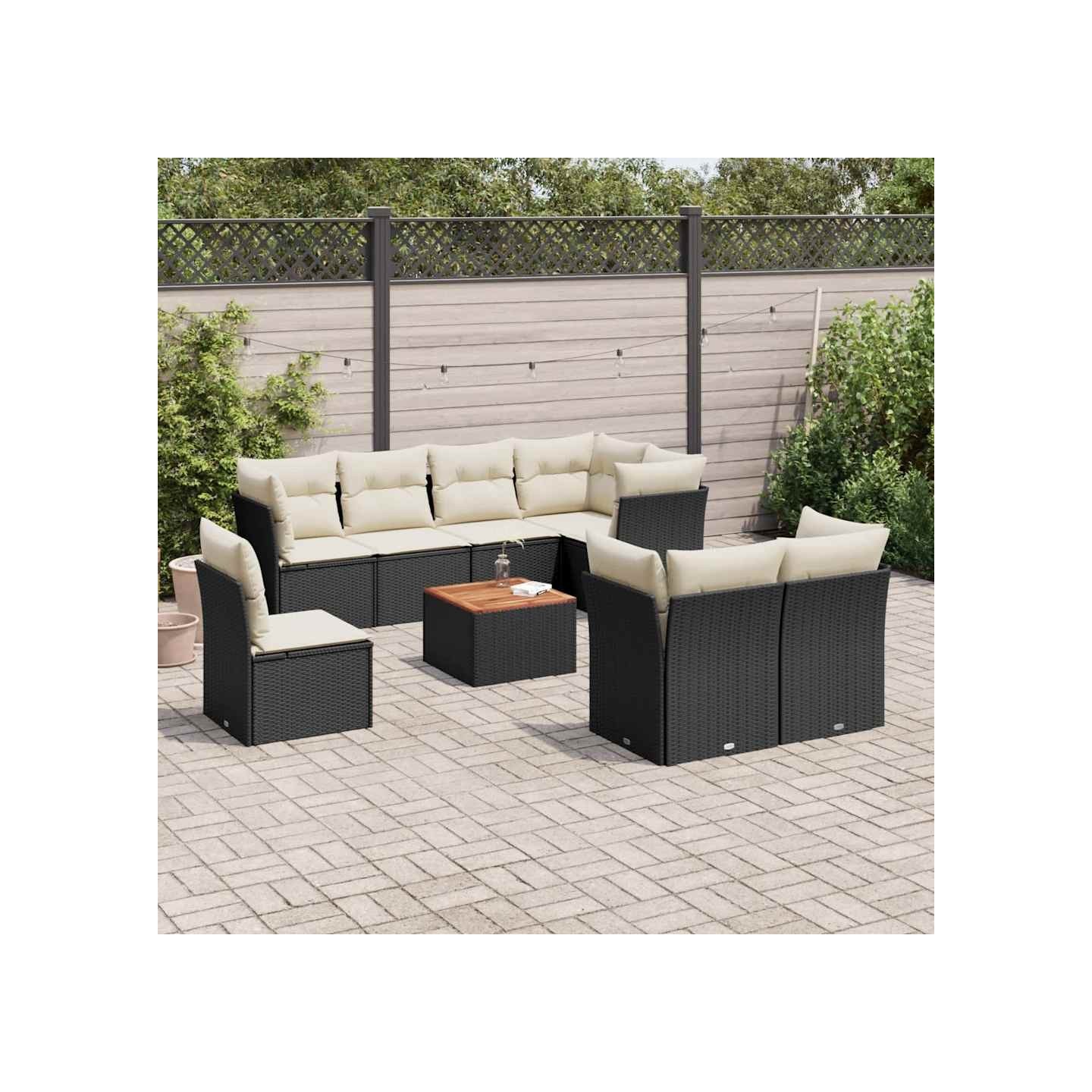 Salon de jardin 9 pcs avec coussins noir résine tressée