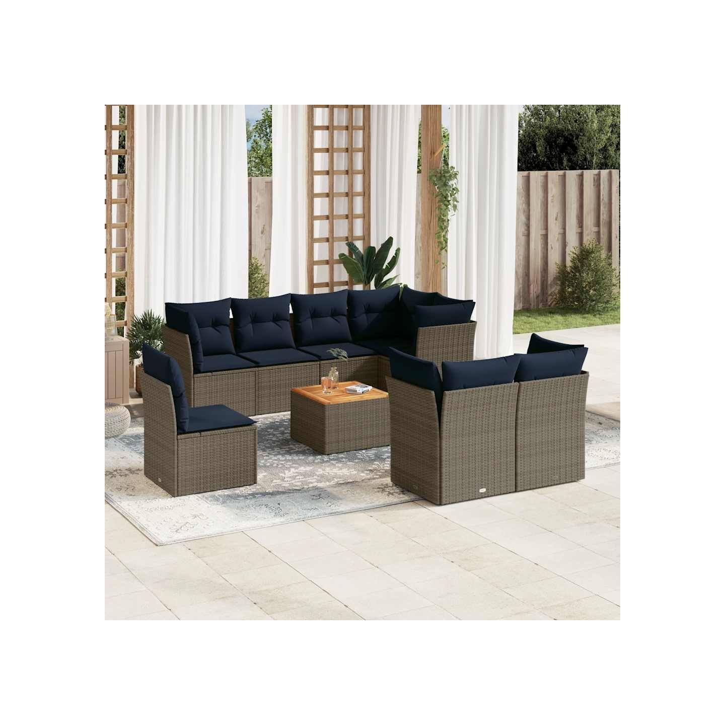 Salon de jardin 9 pcs avec coussins gris résine tressée