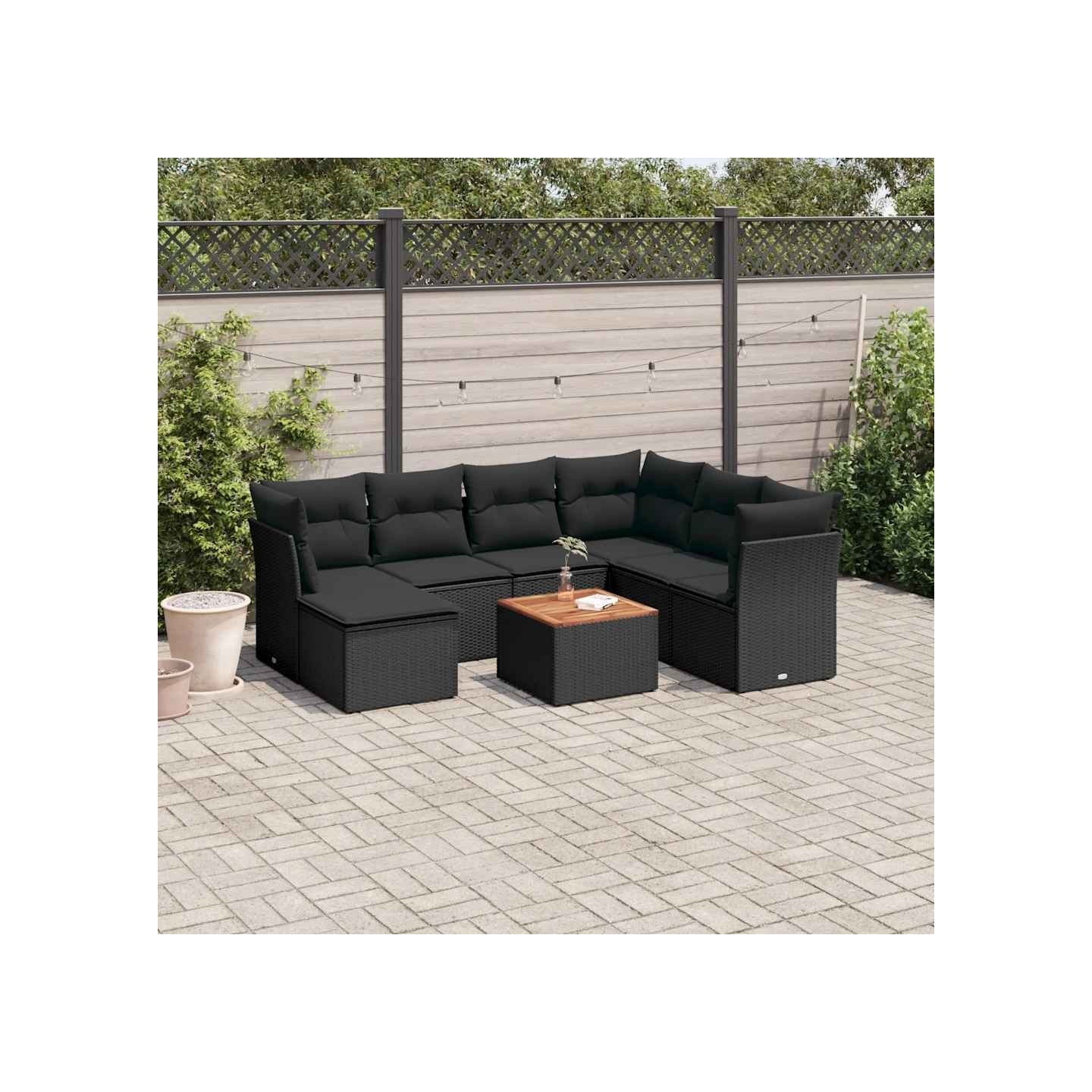 Salon de jardin 8 pcs avec coussins noir résine tressée