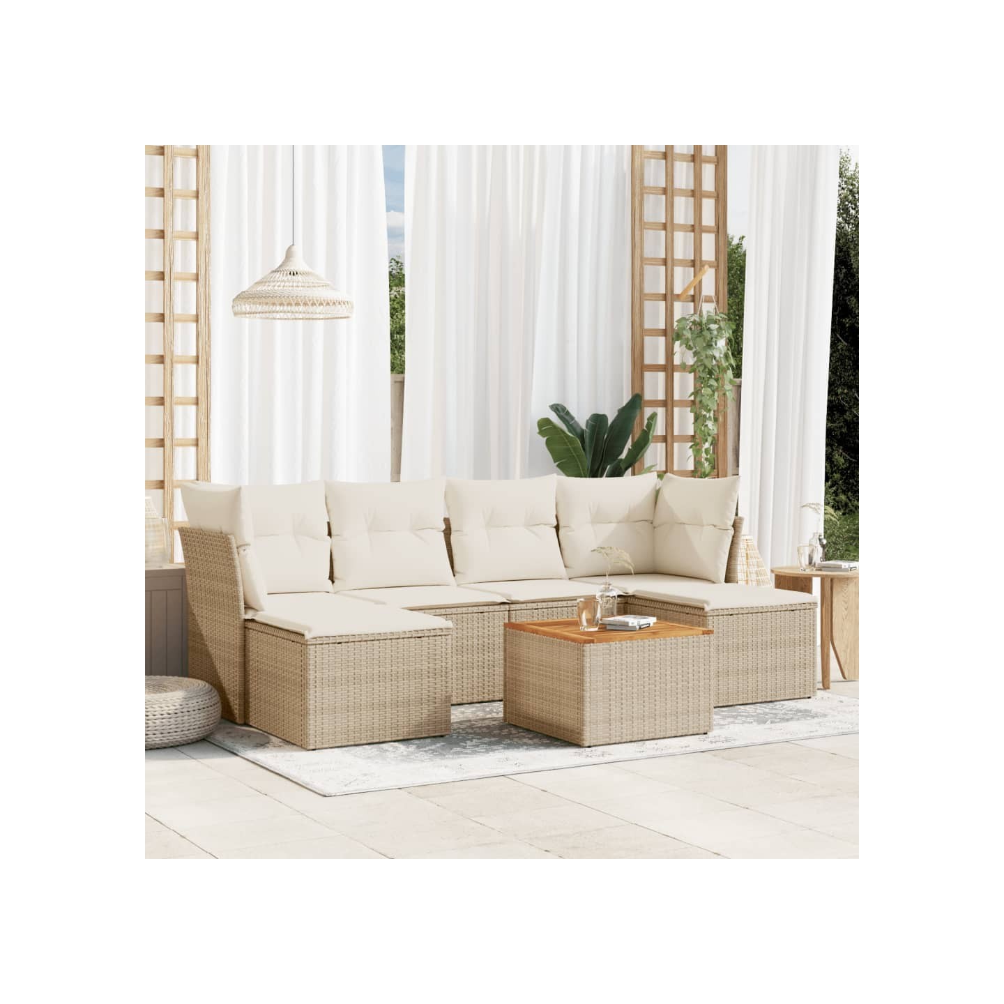 Salon de jardin avec coussins 7 pcs beige résine tressée