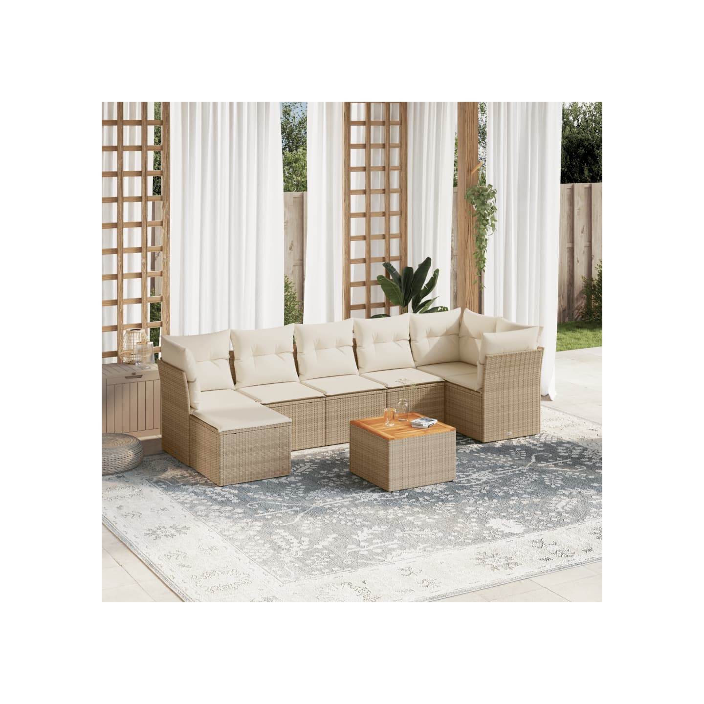 Salon de jardin avec coussins 8 pcs beige résine tressée