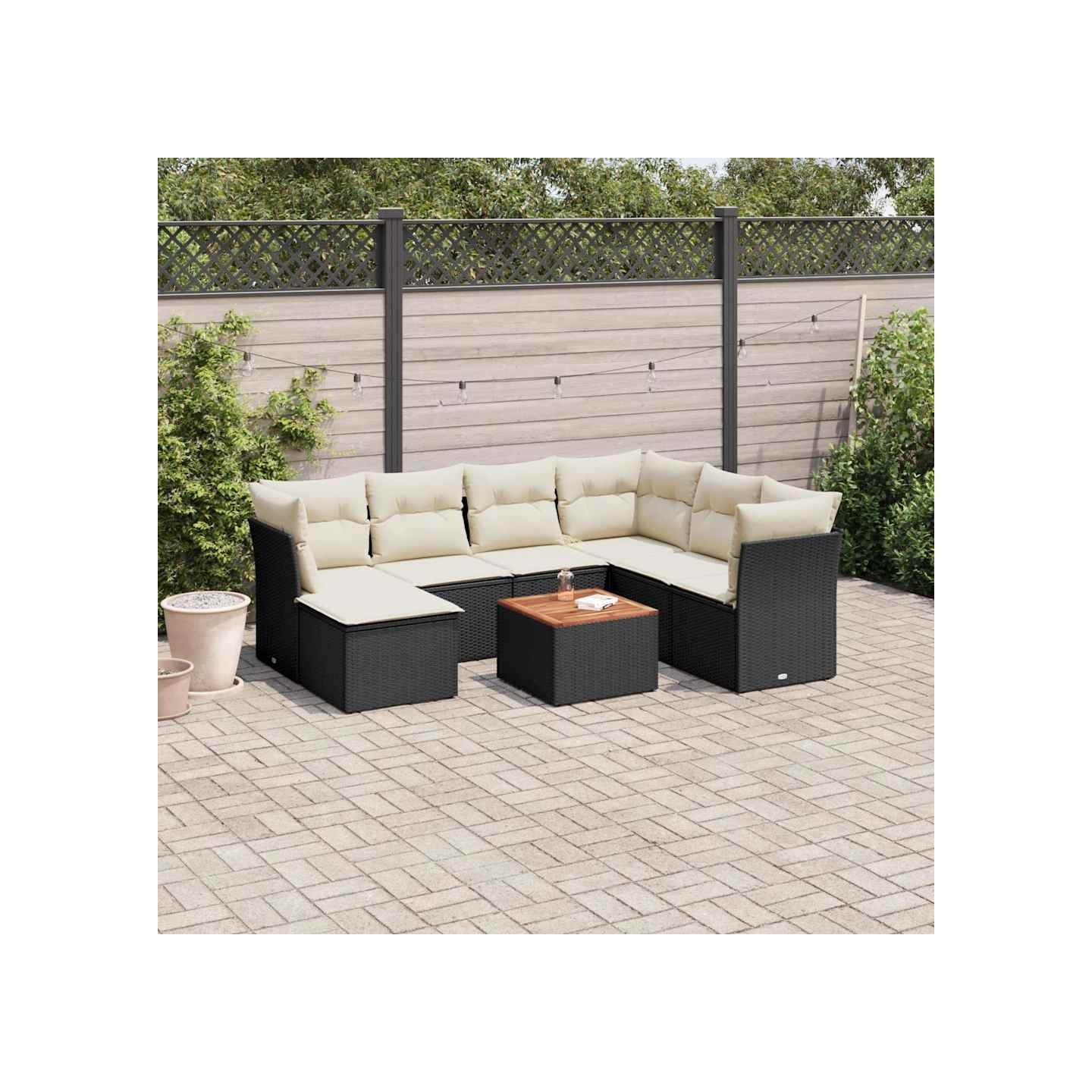 Salon de jardin 8 pcs avec coussins noir résine tressée