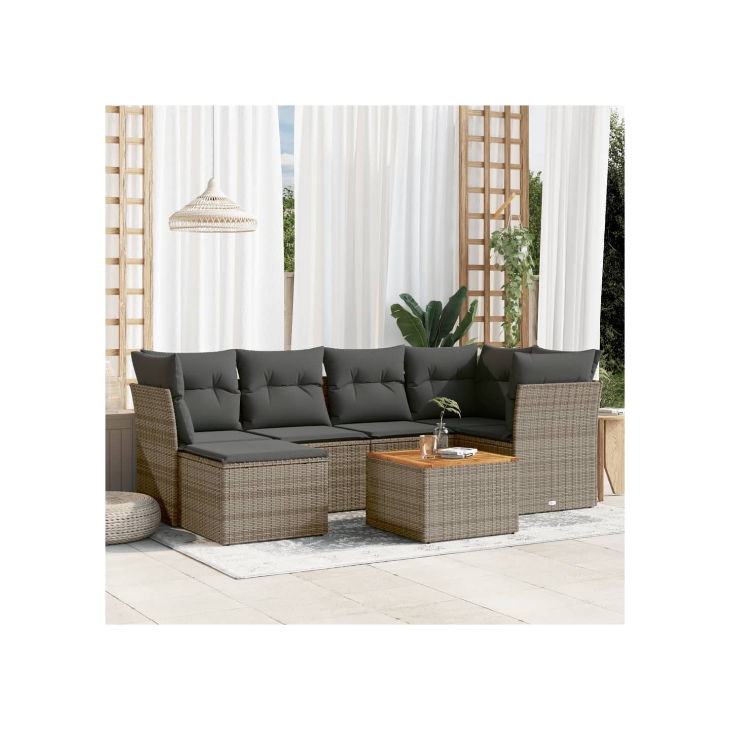 Salon de jardin avec coussins 7 pcs gris résine tressée