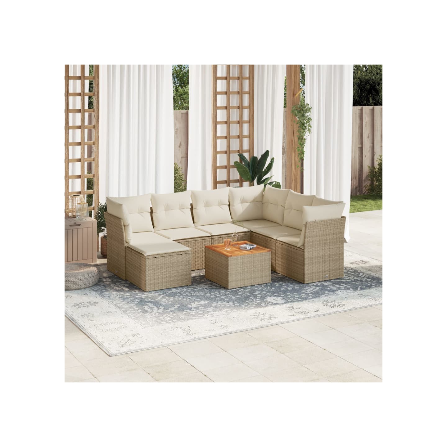 Salon de jardin avec coussins 8 pcs beige résine tressée