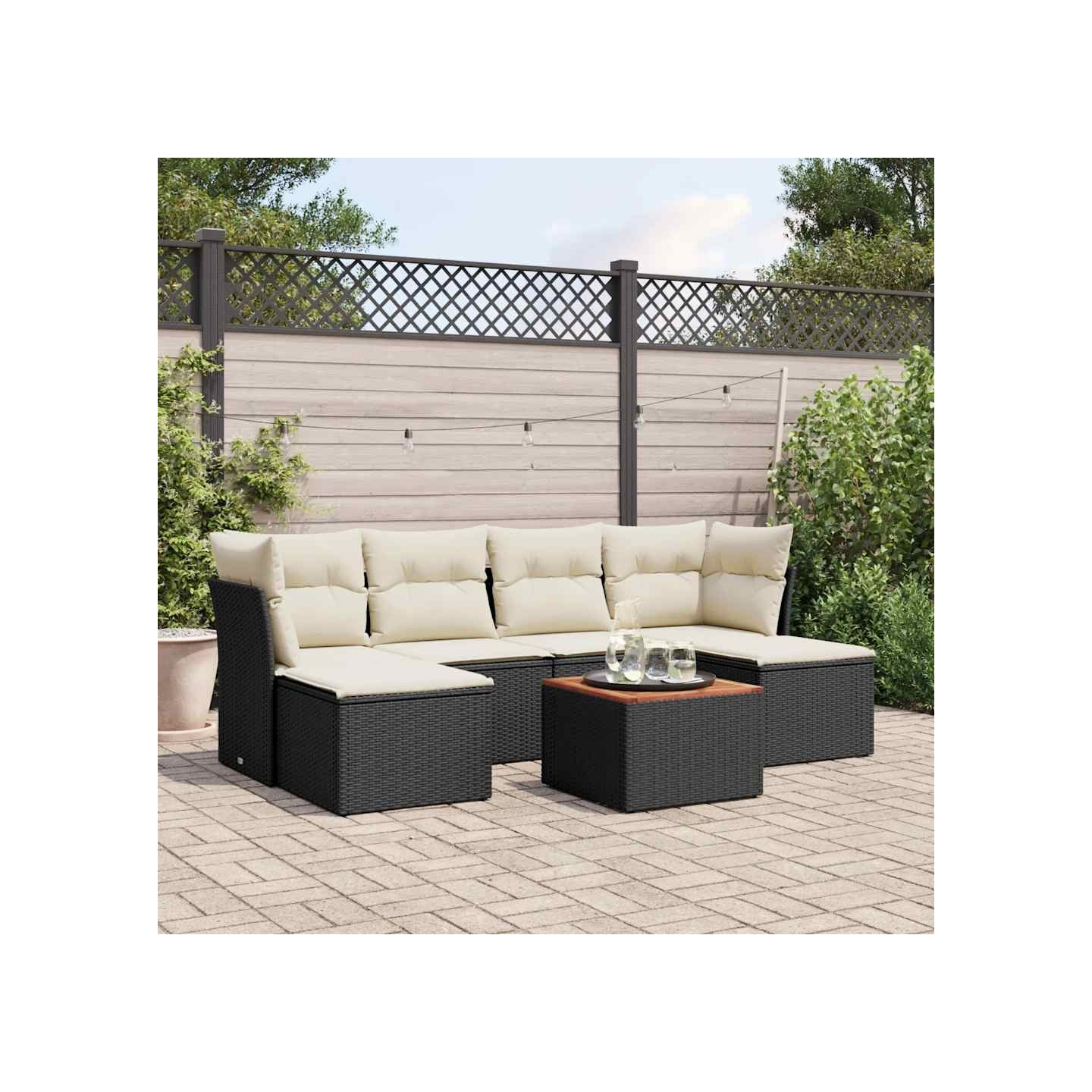 Salon de jardin 7 pcs avec coussins noir résine tressée