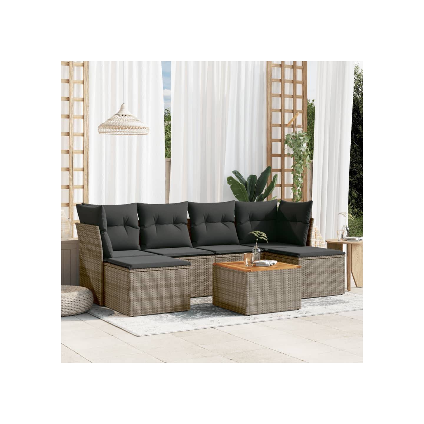 Salon de jardin avec coussins 7 pcs gris résine tressée