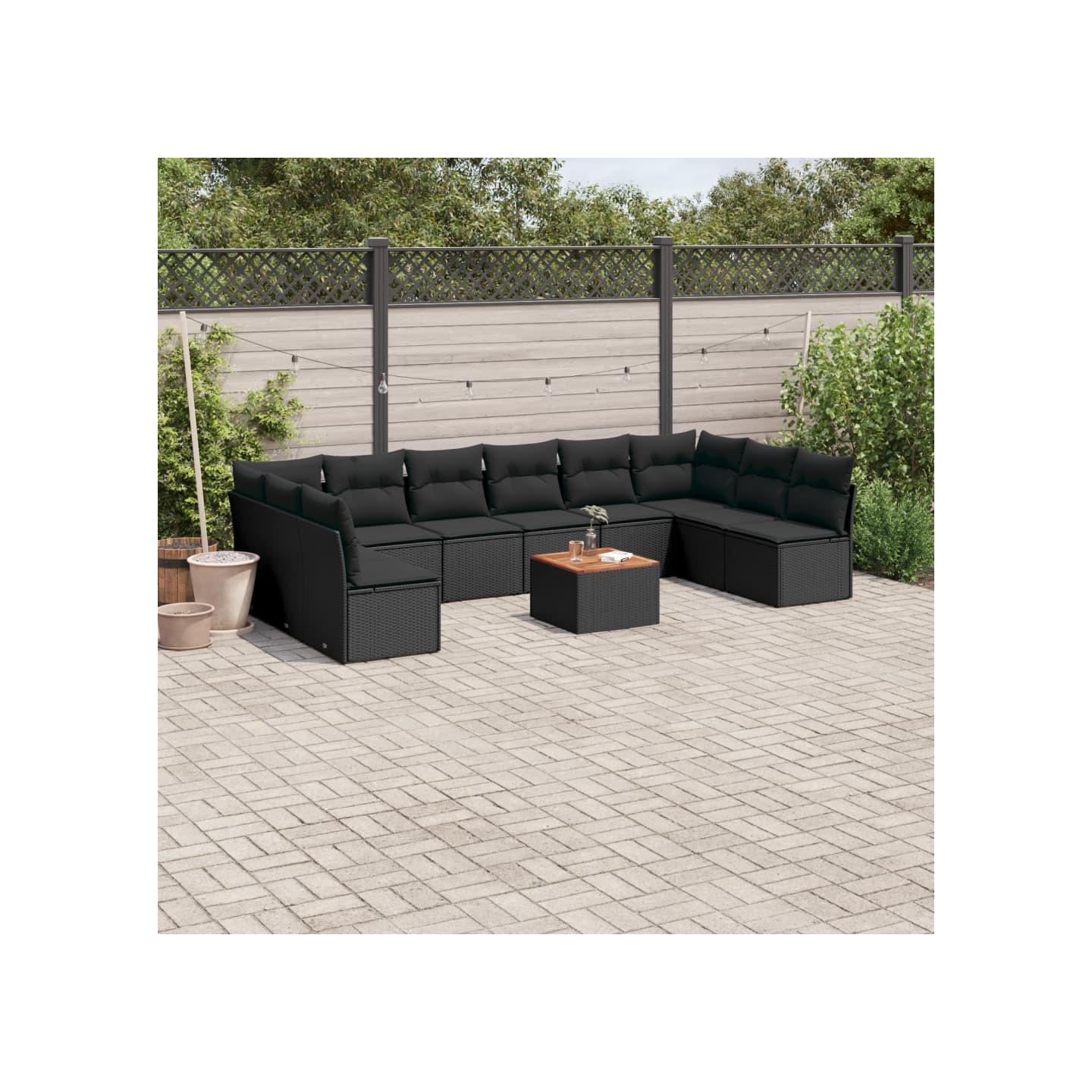 Salon de jardin 11 pcs avec coussins noir résine tressée