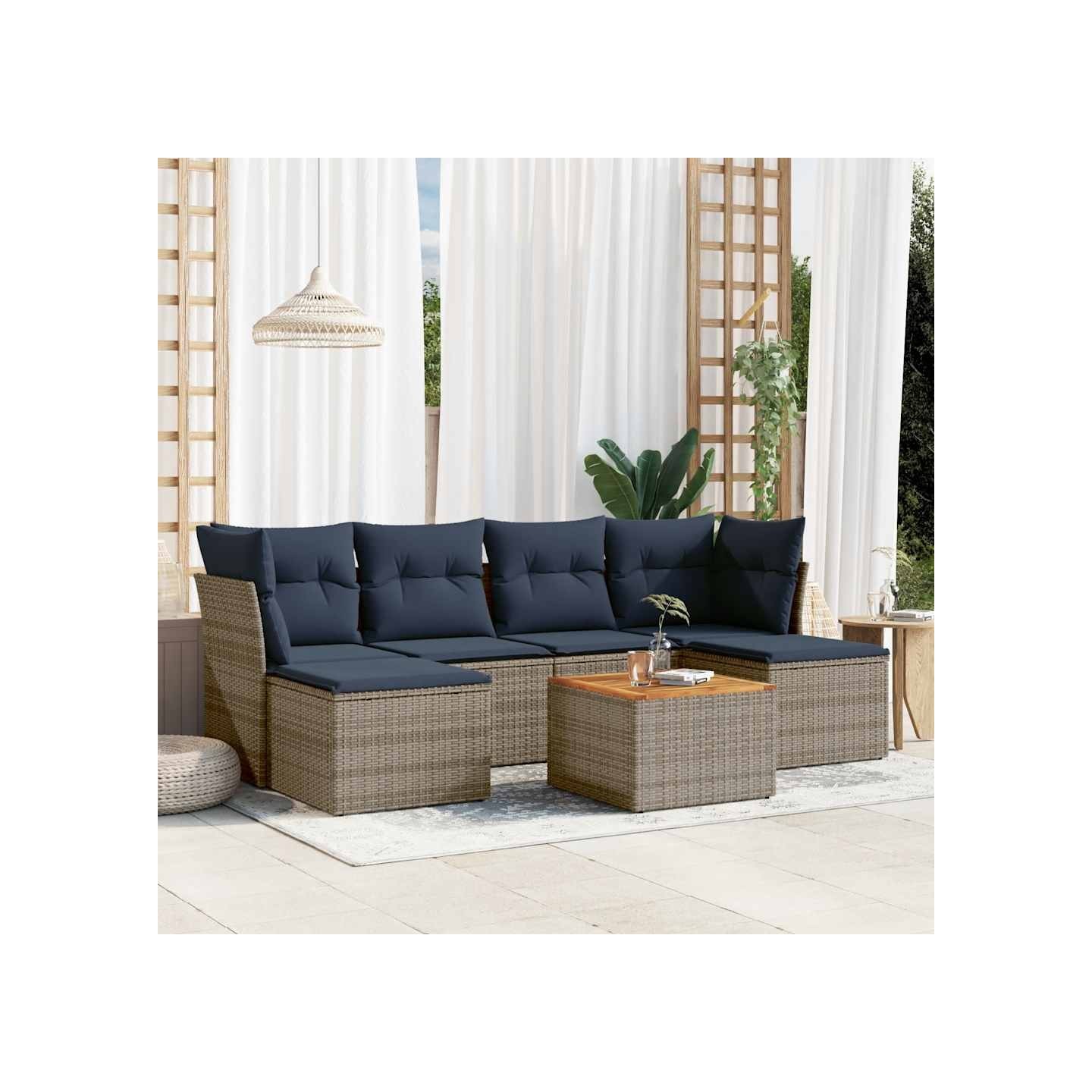 Ensemble de canapé de jardin 7 pcs avec coussins gris résine tressée