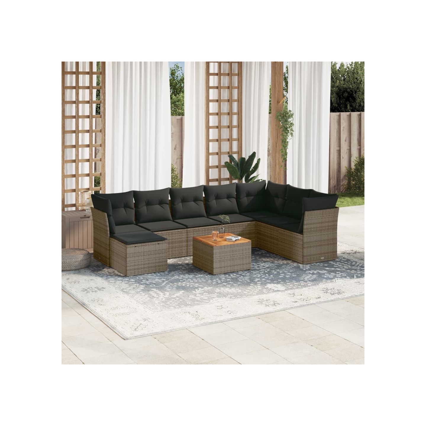 Salon de jardin 9 pcs avec coussins gris résine tressée