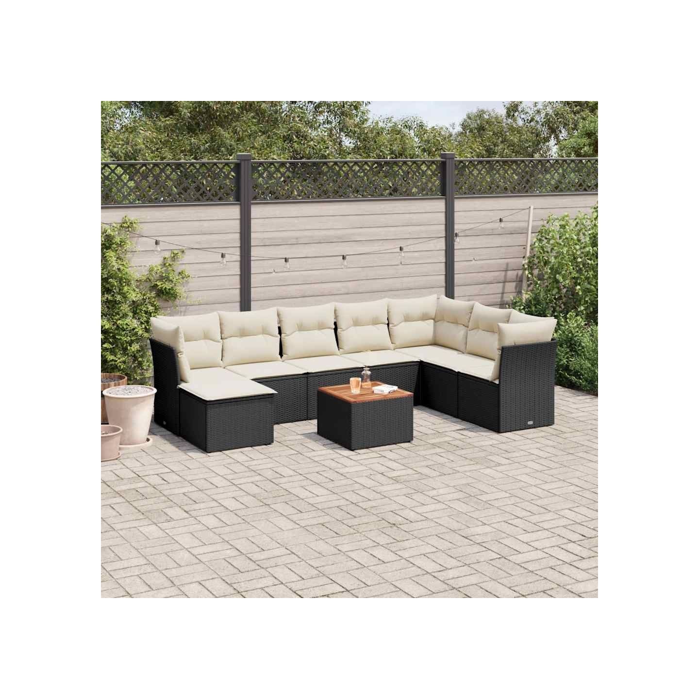 Salon de jardin 9 pcs avec coussins noir résine tressée