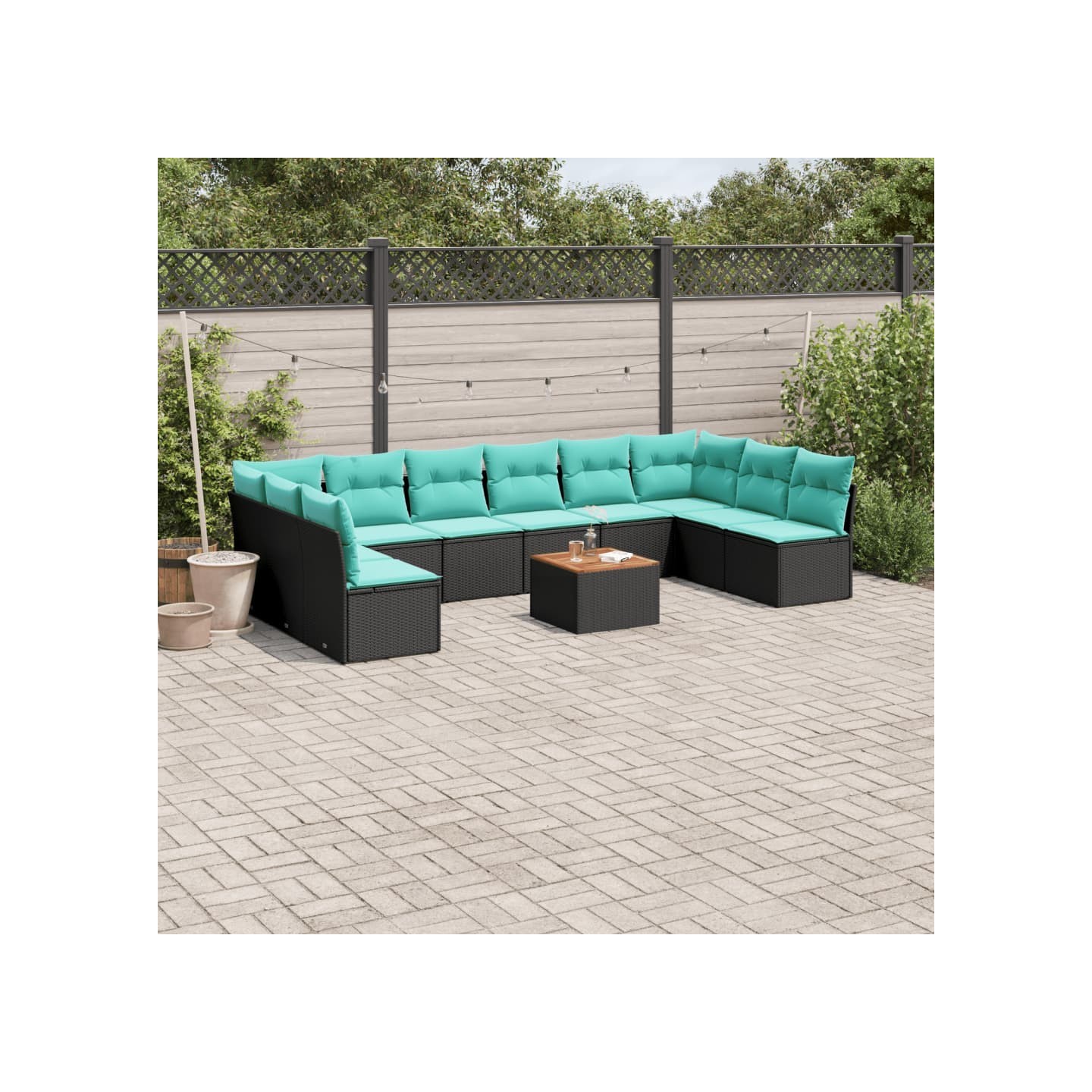 Salon de jardin 11 pcs avec coussins noir résine tressée