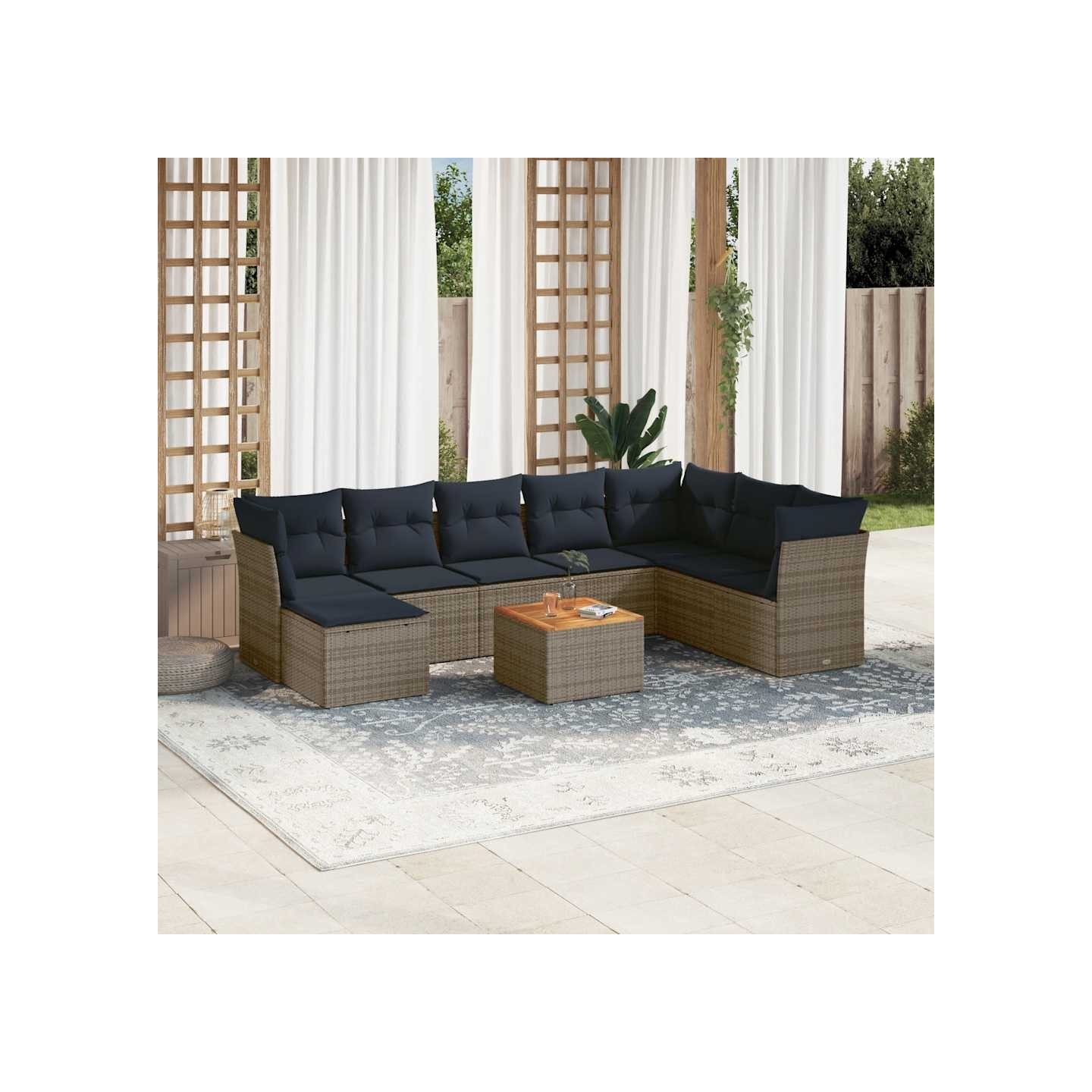 Ensemble de canapé de jardin 9 pcs avec coussins gris résine tressée