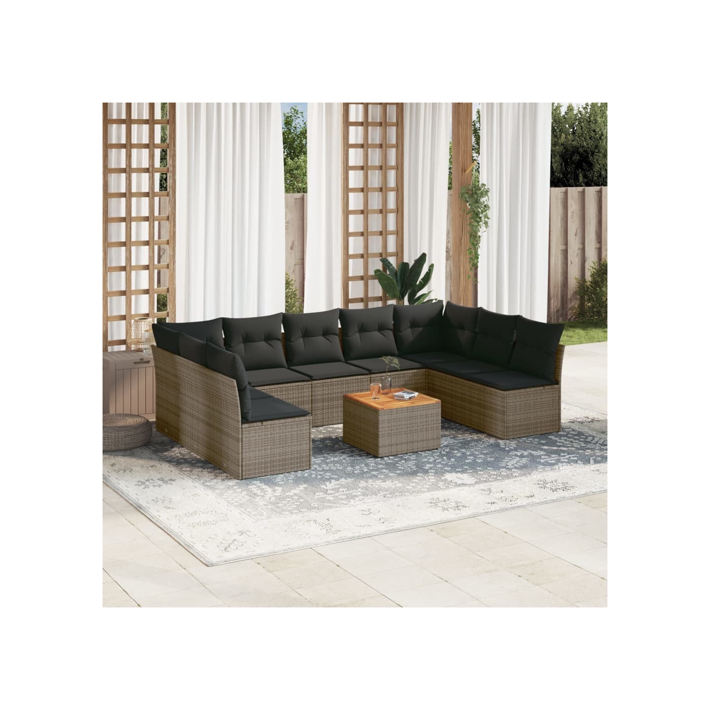 Salon de jardin avec coussins 10 pcs gris résine tressée