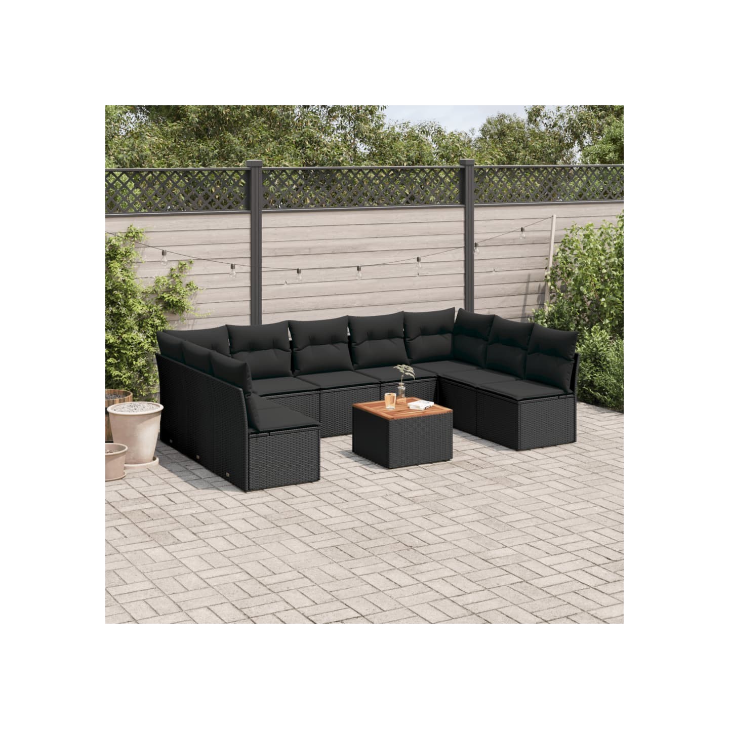 Salon de jardin 10 pcs avec coussins noir résine tressée