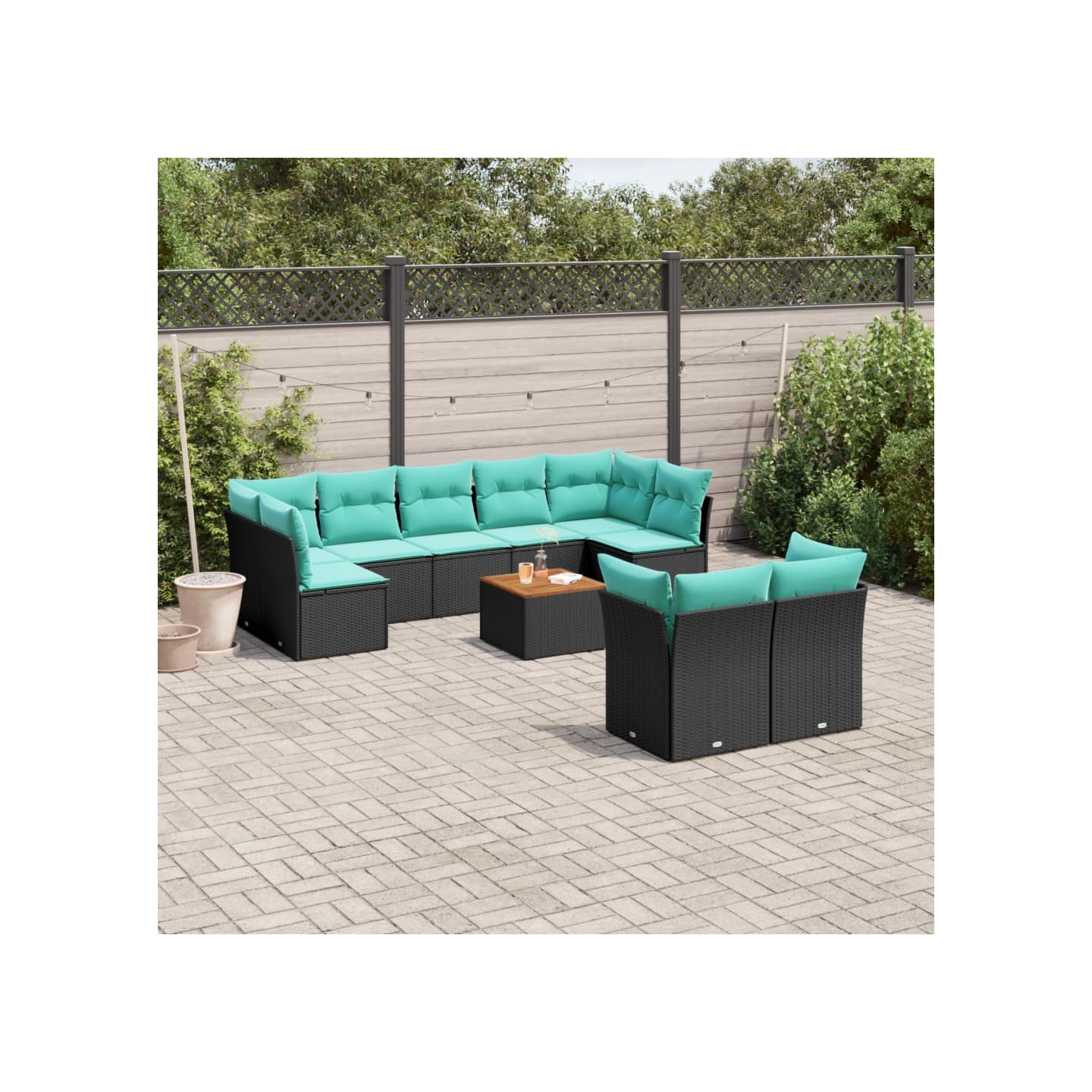 Salon de jardin 10 pcs avec coussins noir résine tressée