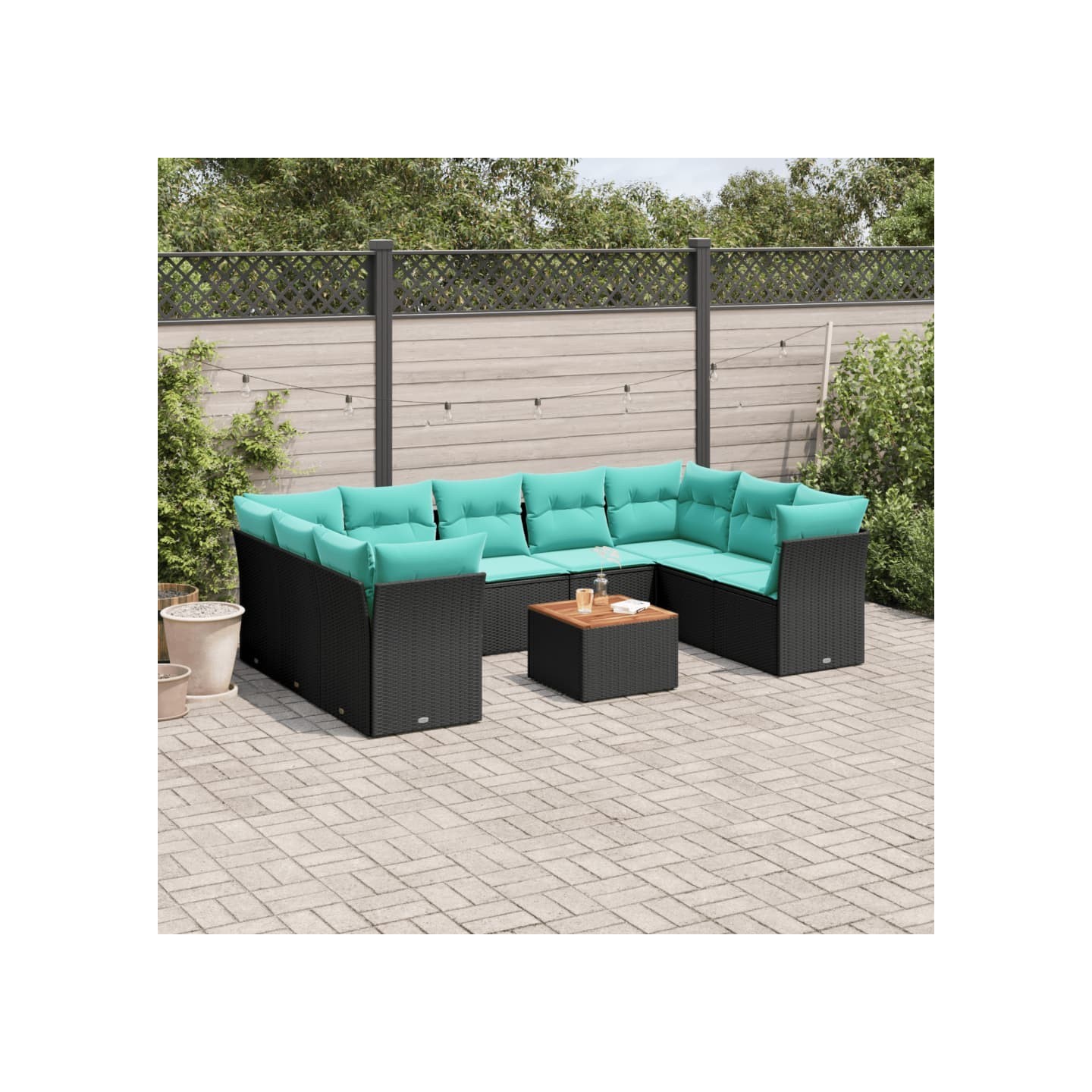 Salon de jardin 10 pcs avec coussins noir résine tressée
