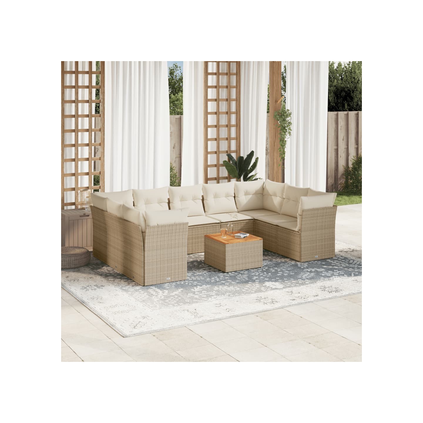 Salon de jardin avec coussins 10 pcs beige résine tressée