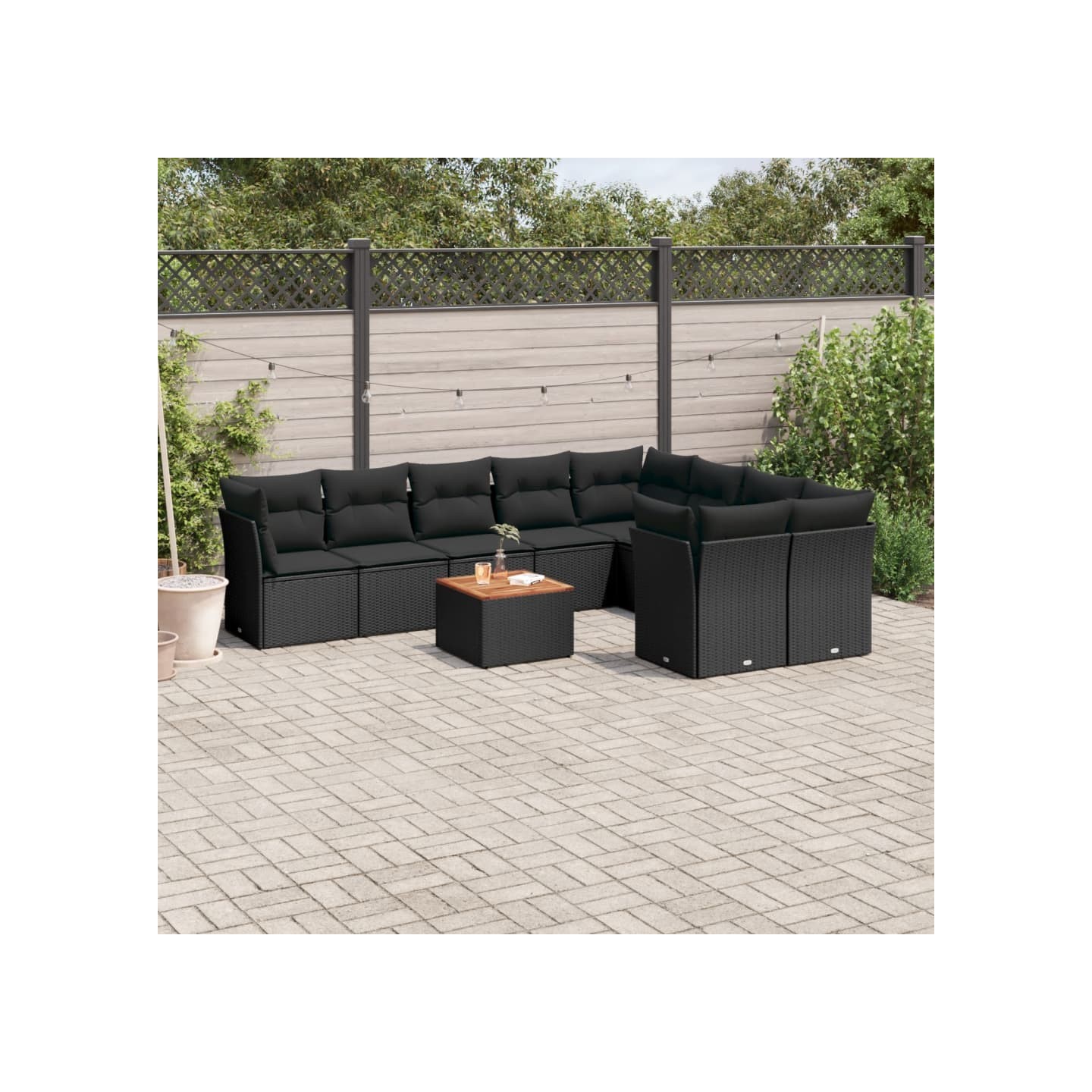 Salon de jardin 10 pcs avec coussins noir résine tressée