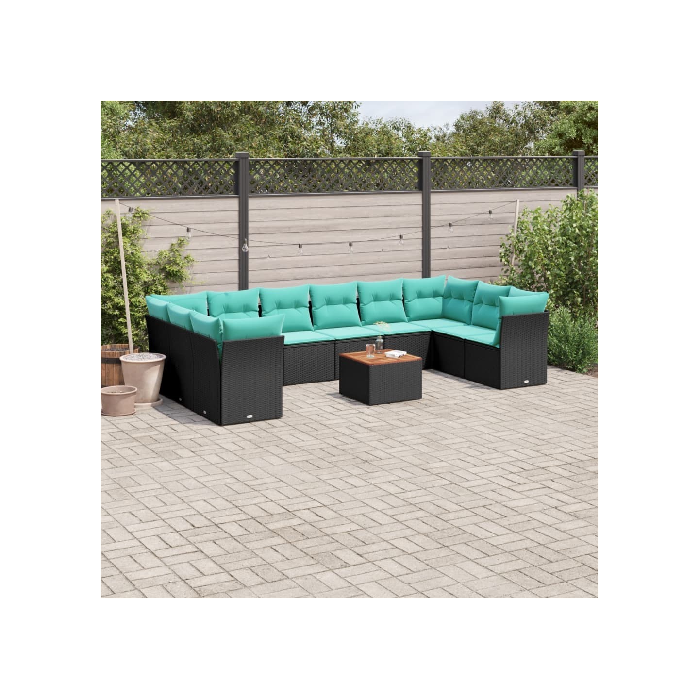 Salon de jardin 11 pcs avec coussins noir résine tressée