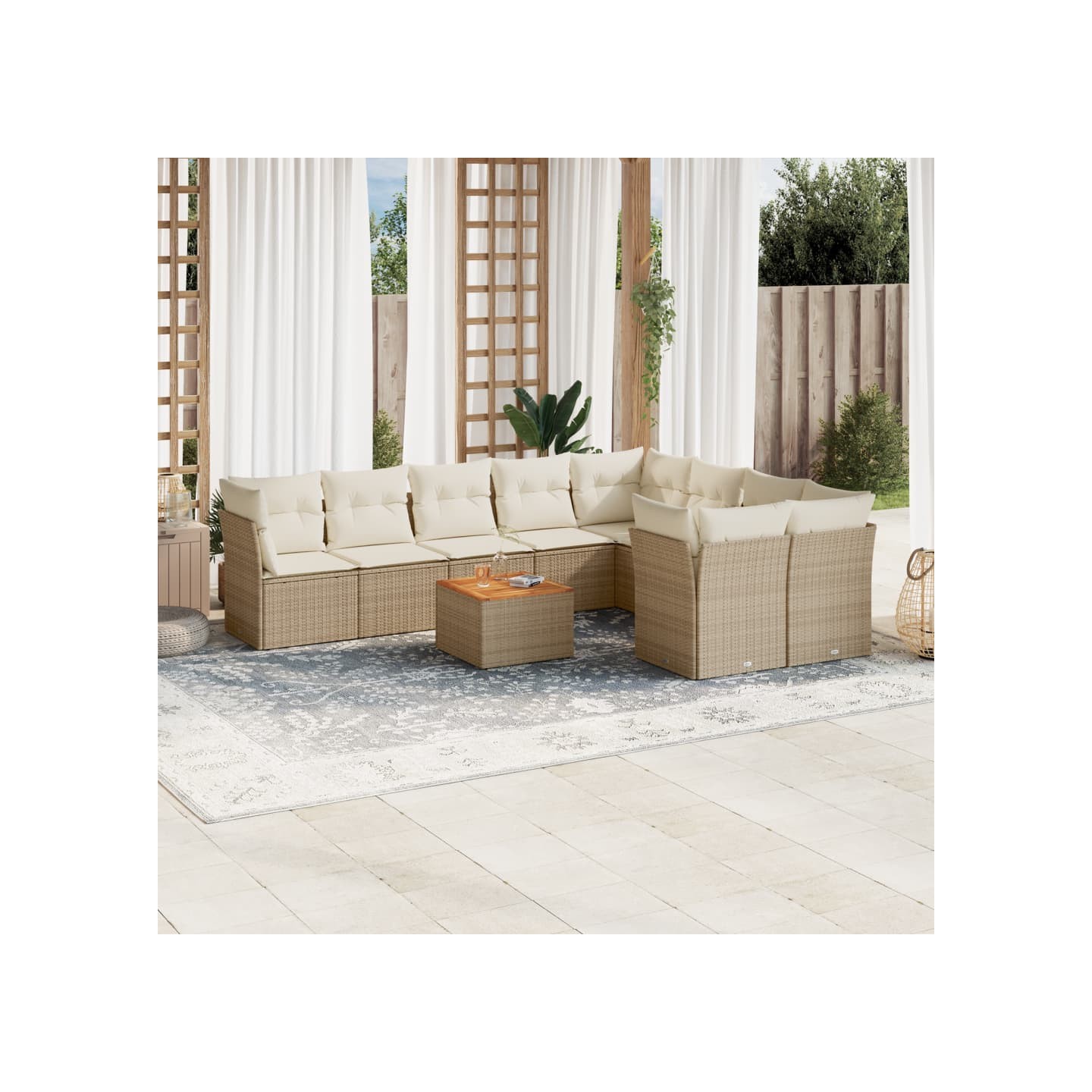 Salon de jardin avec coussins 10 pcs beige résine tressée