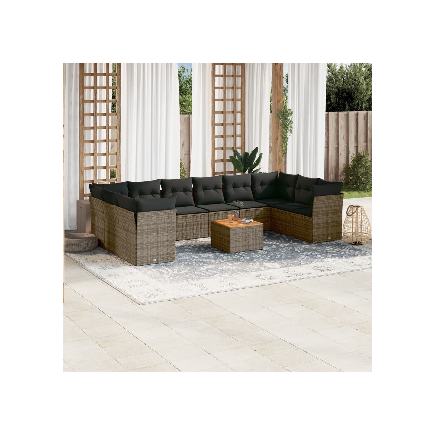 Salon de jardin 11 pcs avec coussins gris résine tressée