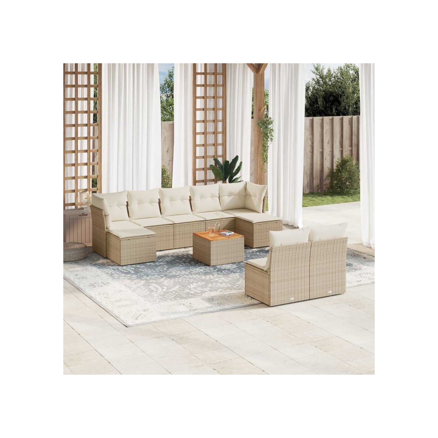 Salon de jardin avec coussins 10 pcs beige résine tressée