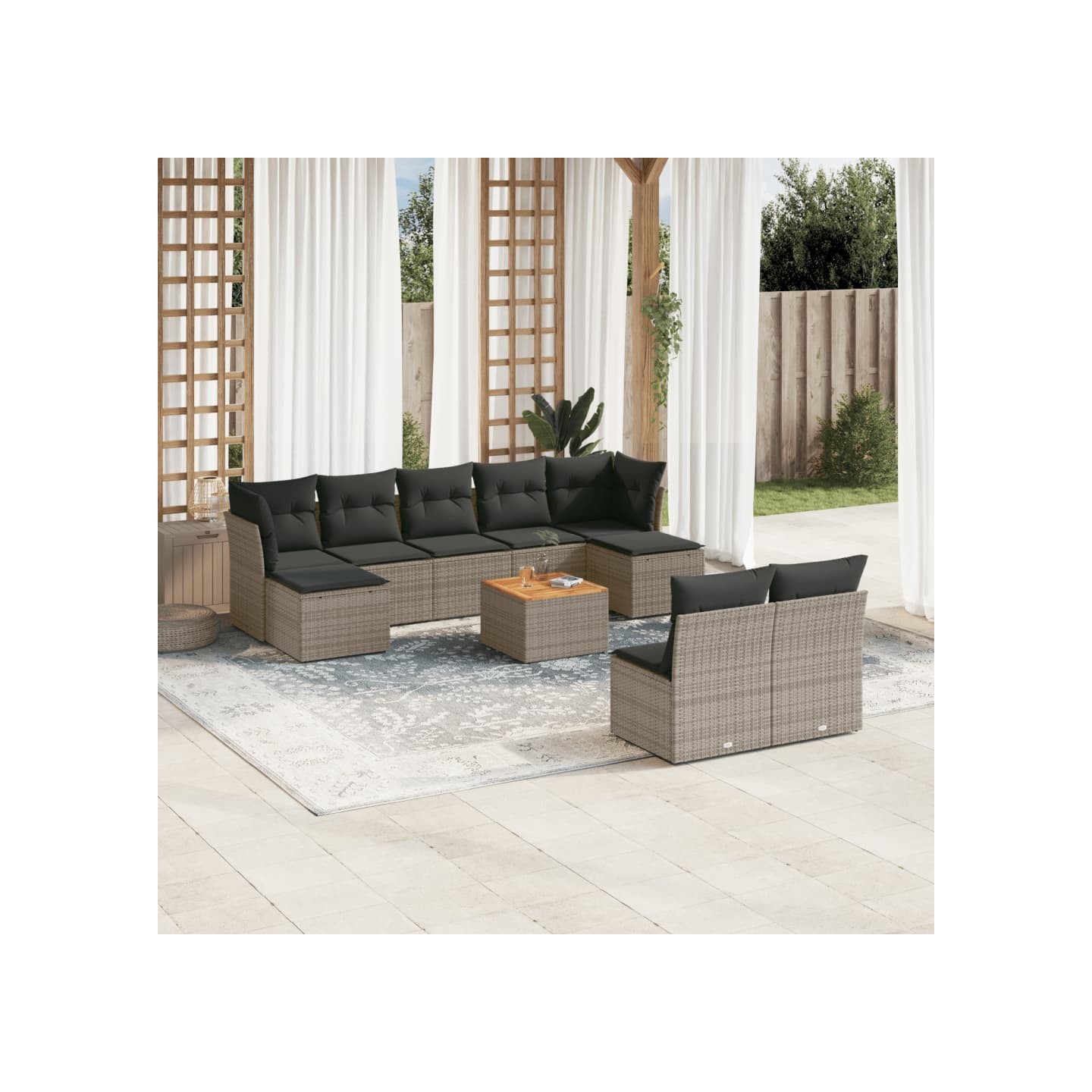 Salon de jardin avec coussins 10 pcs gris résine tressée